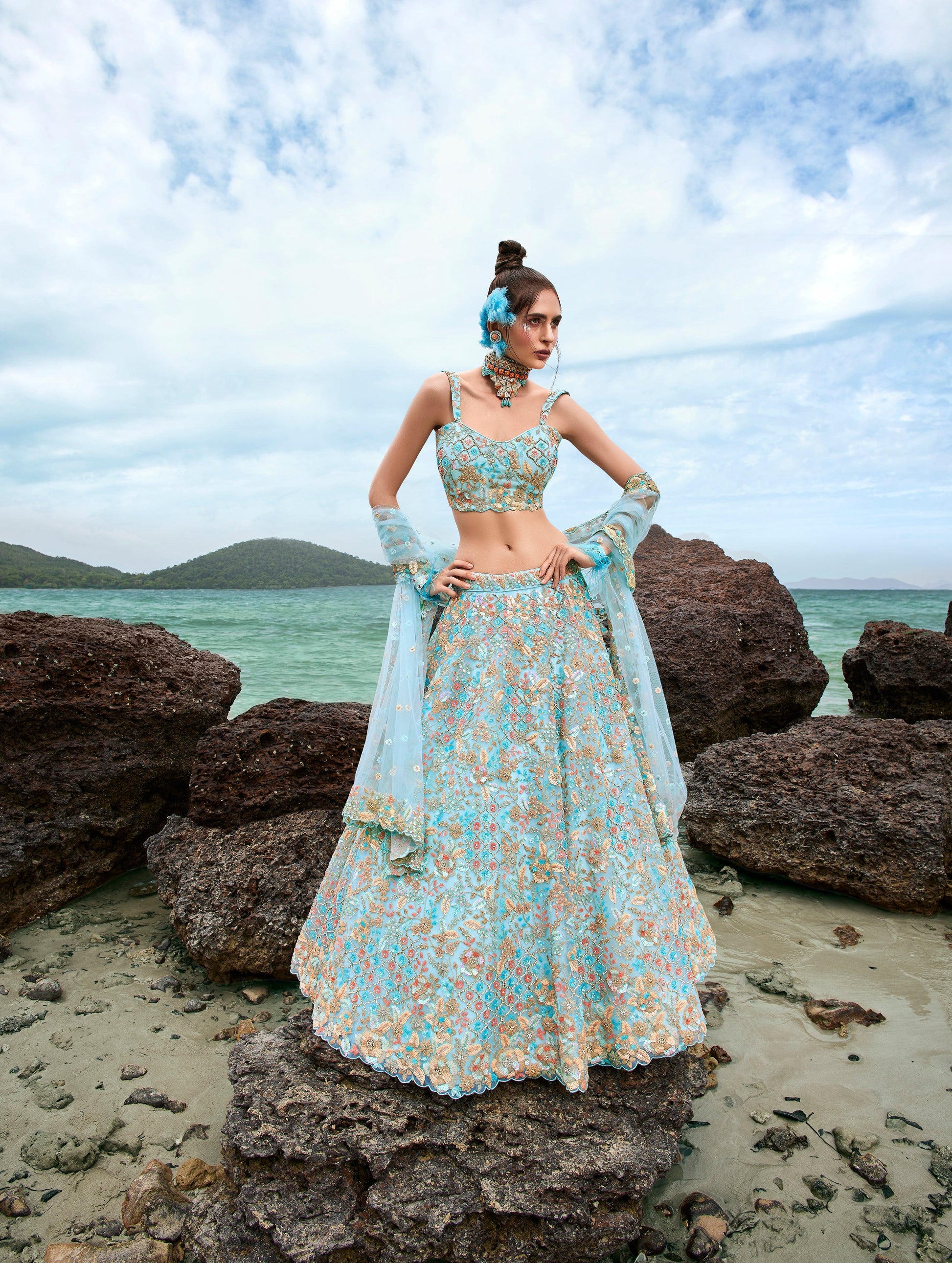 House of Panchhi Turquoise Blue Net Multi Colour Sequins, Zarkans And Thread Embroidery Lehenga Choli & Dupatta | Swadesiicart