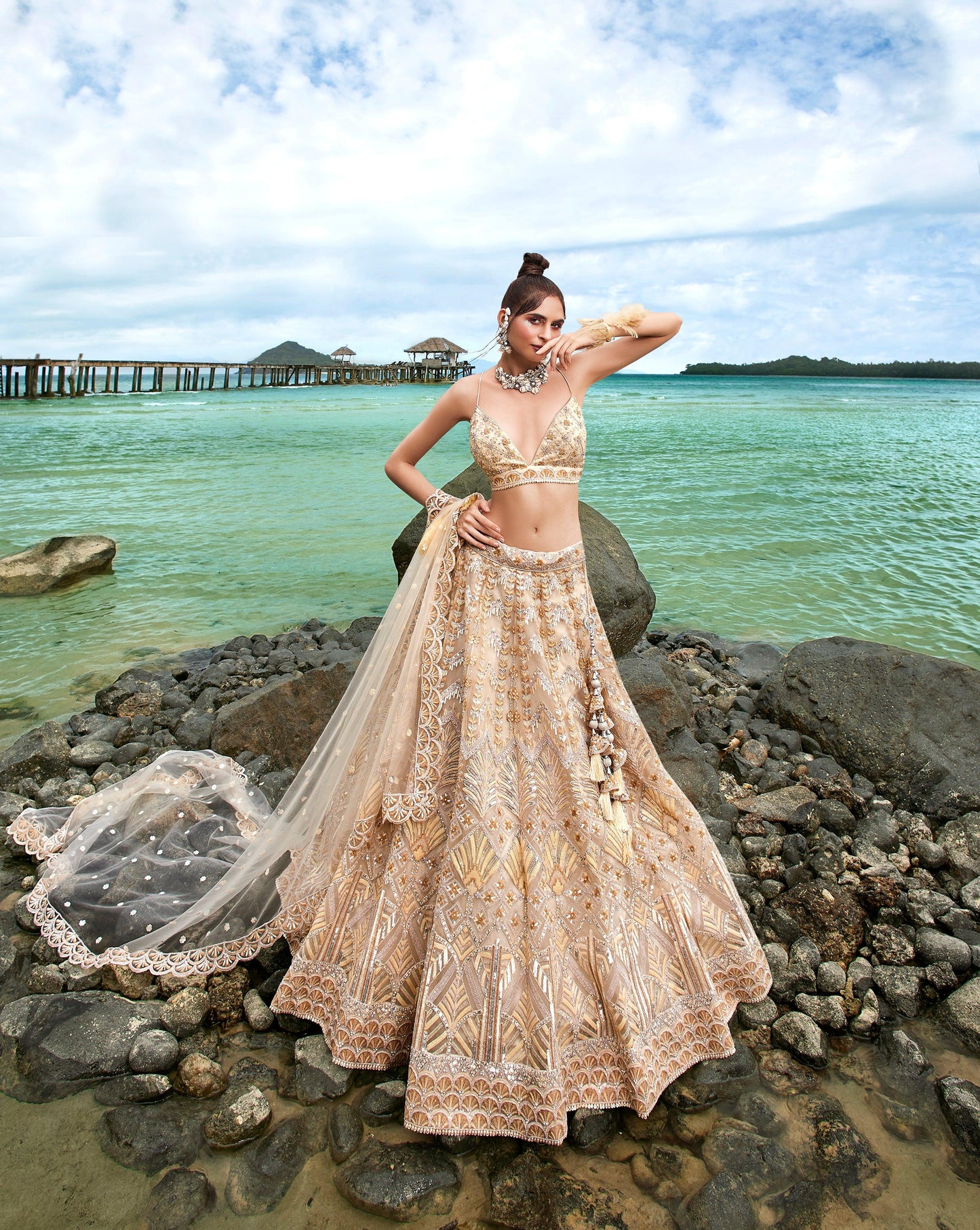 House of Panchhi Cream Net Sequins, Zarkan And Thread Embroidery Lehenga Choli & Dupatta | Swadesiicart