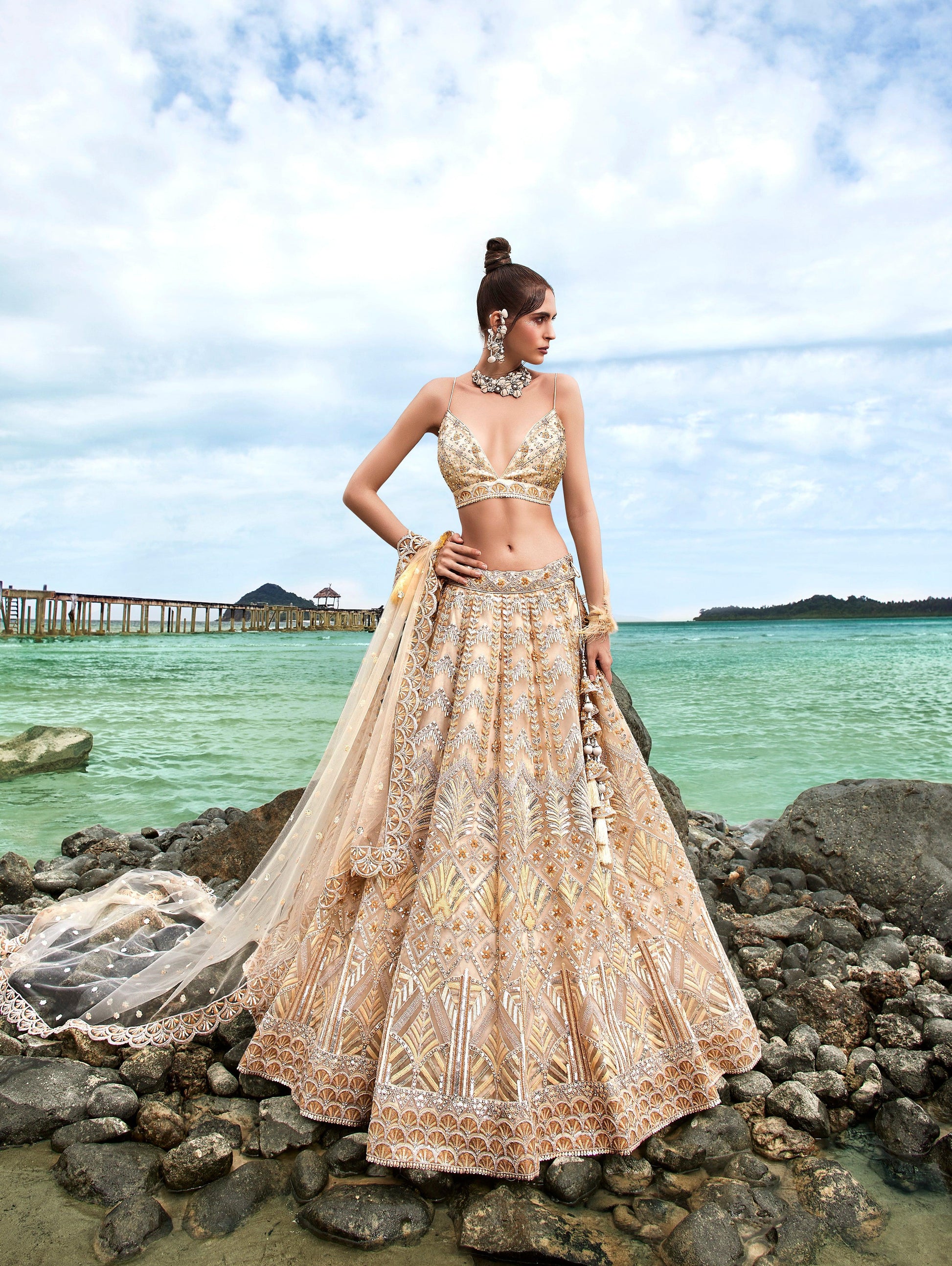 House of Panchhi Cream Net Sequins, Zarkan And Thread Embroidery Lehenga Choli & Dupatta | Swadesiicart