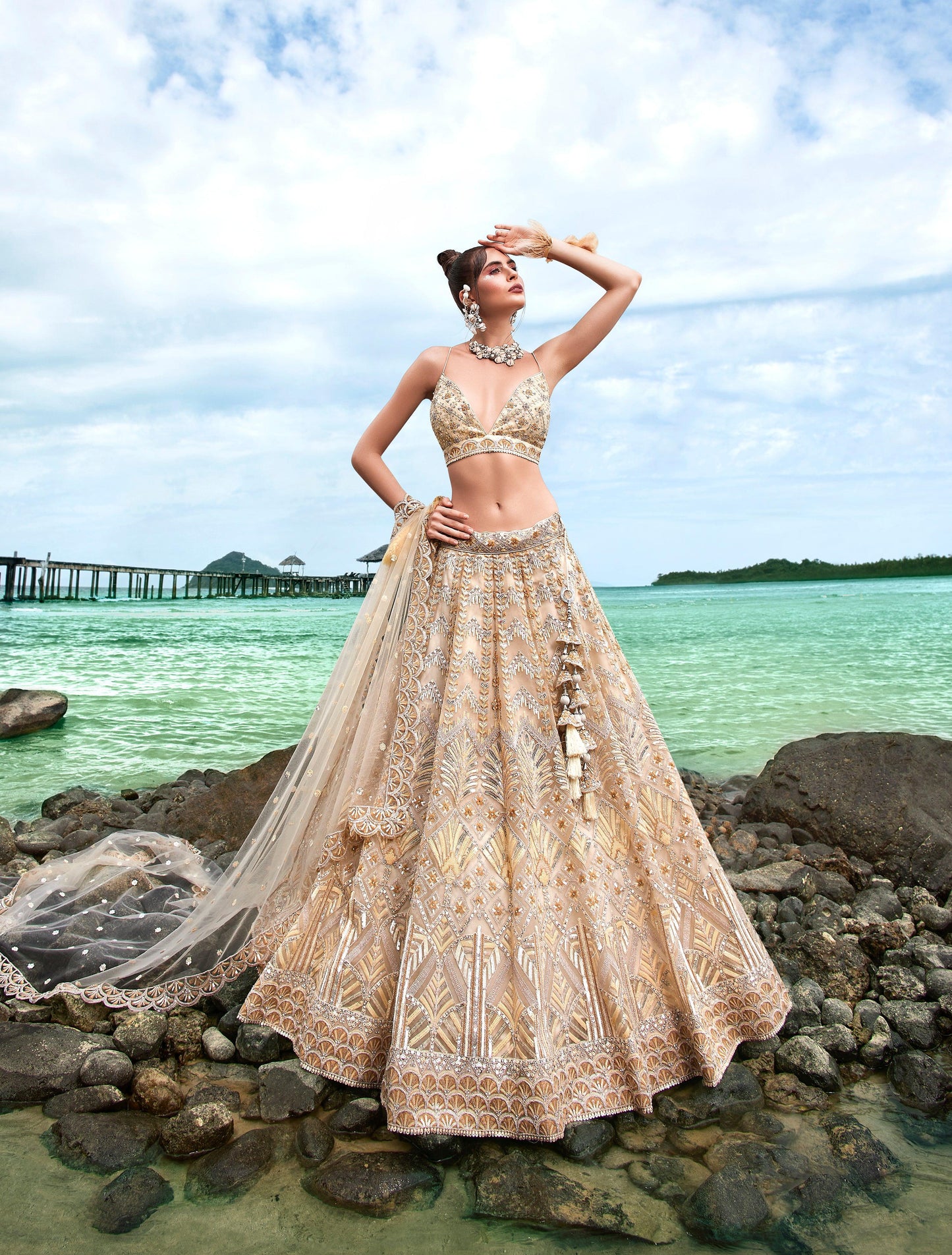 House of Panchhi Cream Net Sequins, Zarkan And Thread Embroidery Lehenga Choli & Dupatta | Swadesiicart