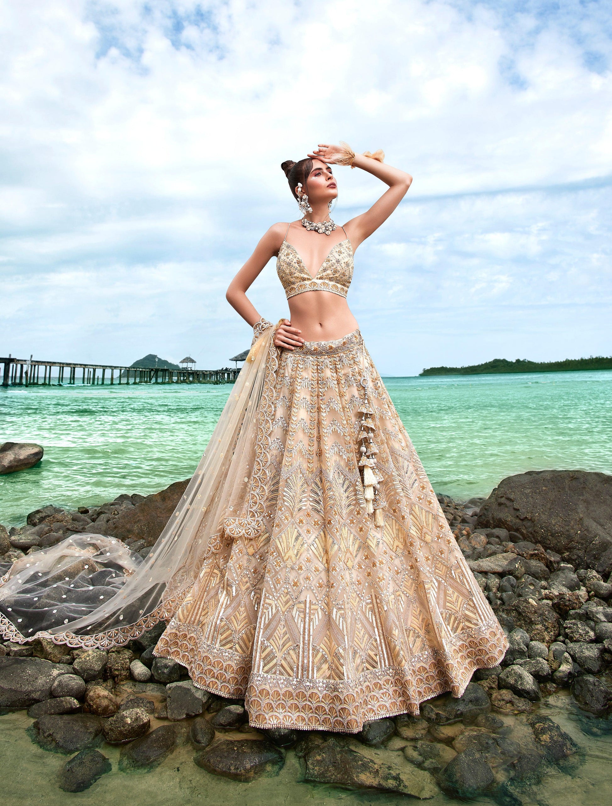 House of Panchhi Cream Net Sequins, Zarkan And Thread Embroidery Lehenga Choli & Dupatta | Swadesiicart