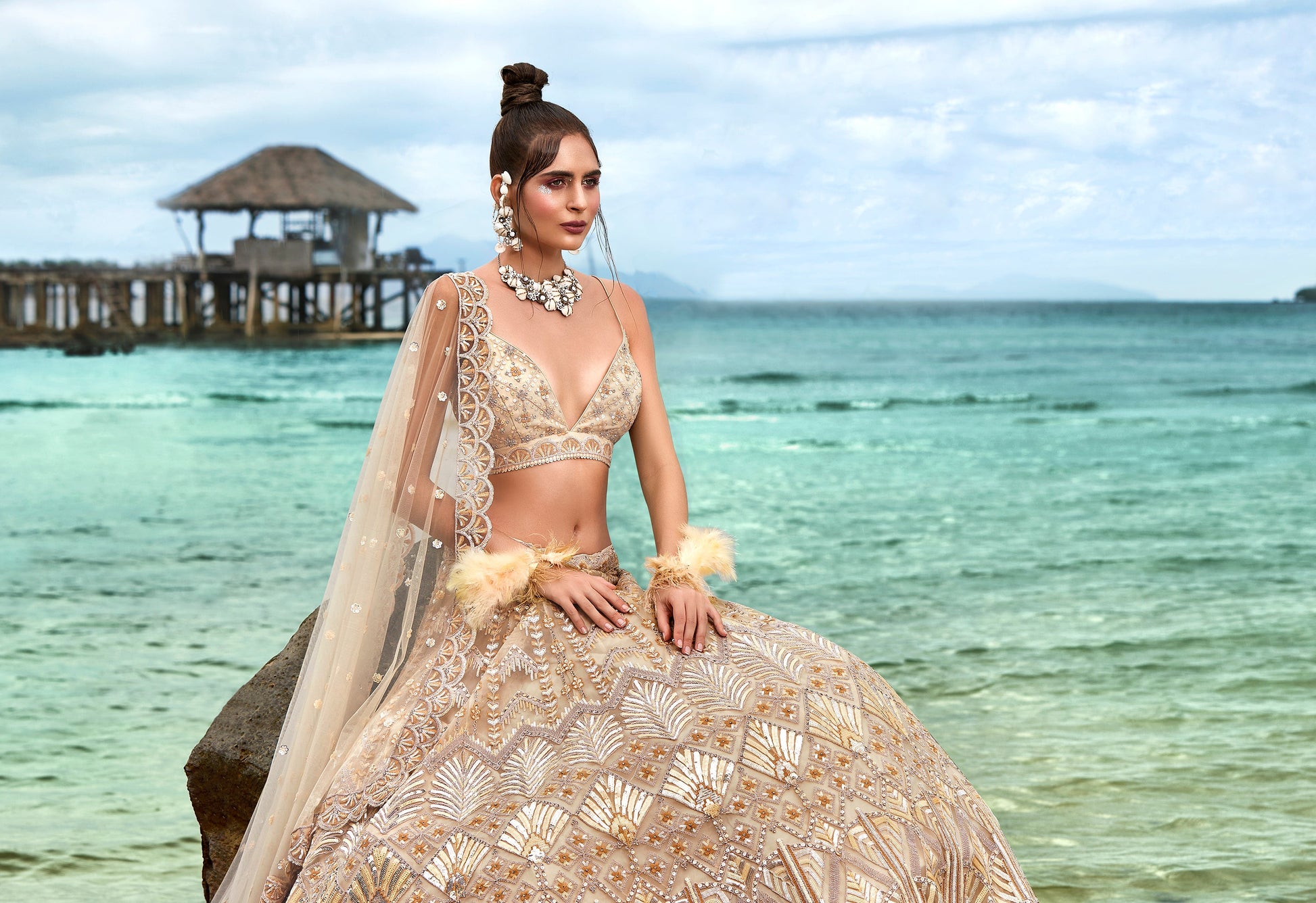 House of Panchhi Cream Net Sequins, Zarkan And Thread Embroidery Lehenga Choli & Dupatta | Swadesiicart