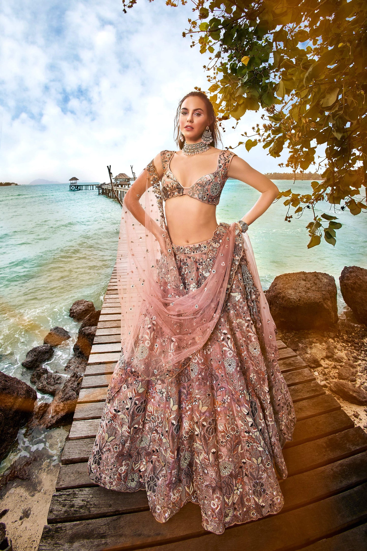House of Panchhi Peach Organza Sequins, Moti And Thread Embroidery Lehenga Choli & Dupatta | Swadesiicart