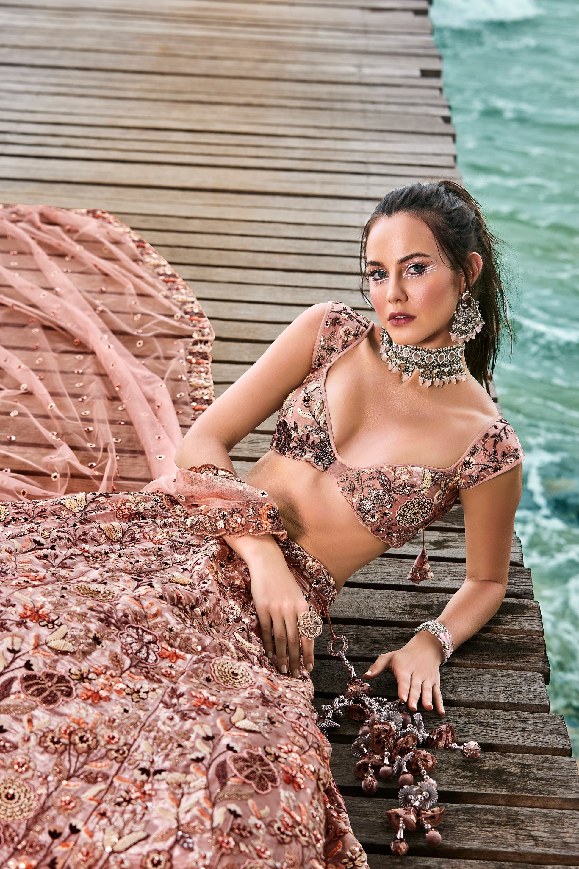 House of Panchhi Peach Organza Sequins, Moti And Thread Embroidery Lehenga Choli & Dupatta | Swadesiicart