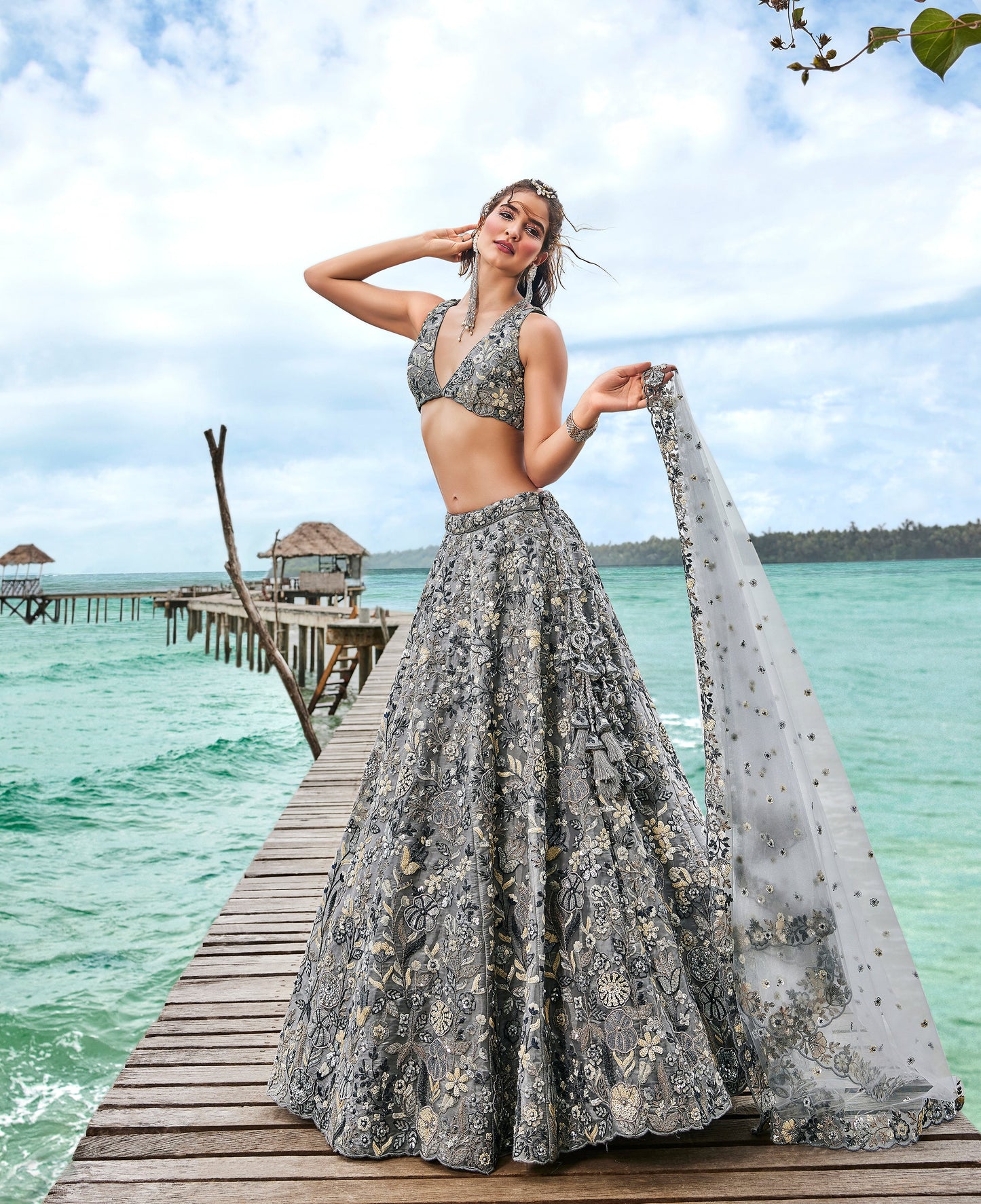 House of Panchhi Grey Organza Sequins, Moti And Thread Embroidery Lehenga Choli & Dupatta | Swadesiicart