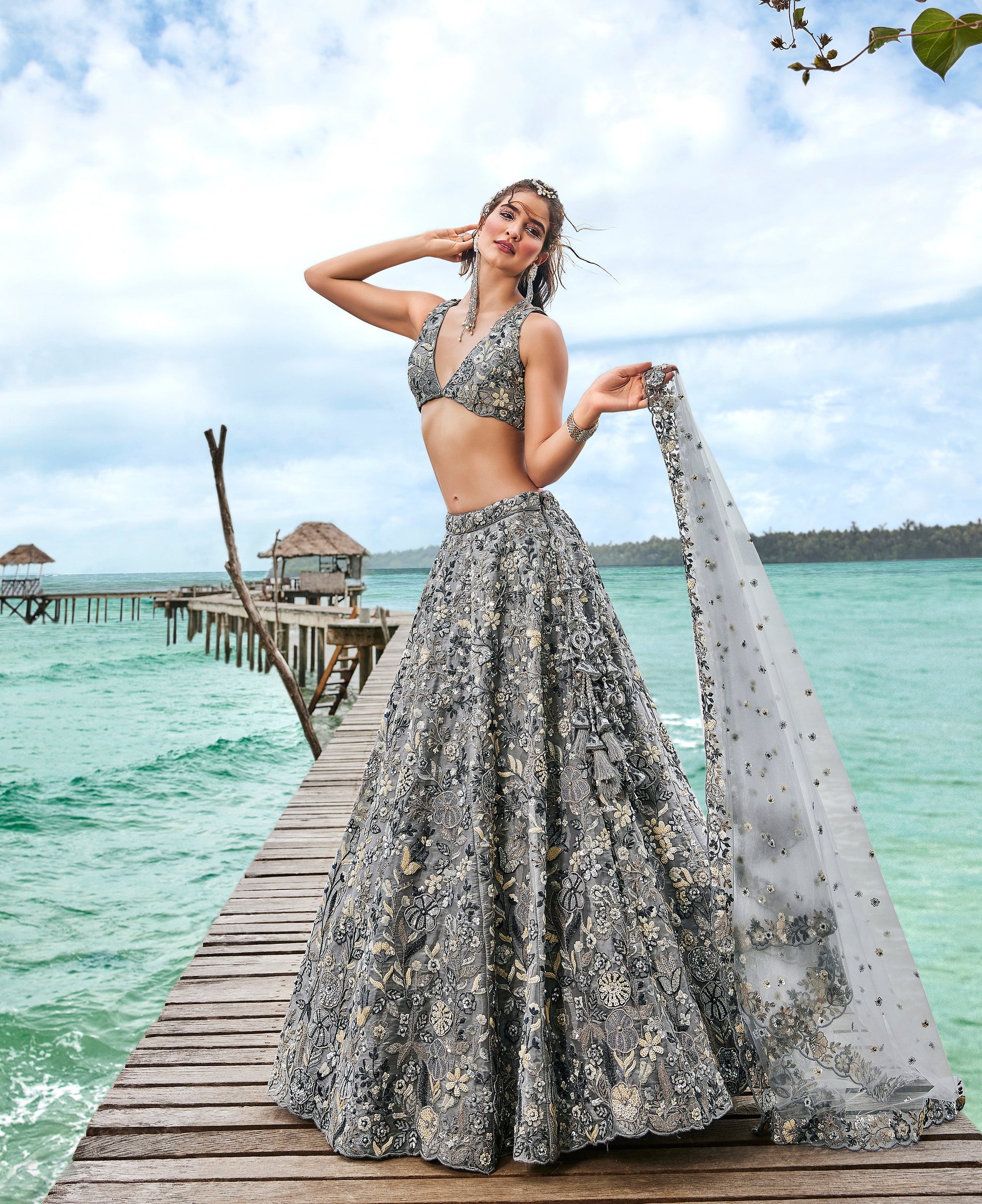 House of Panchhi Grey Organza Sequins, Moti And Thread Embroidery Lehenga Choli & Dupatta | Swadesiicart