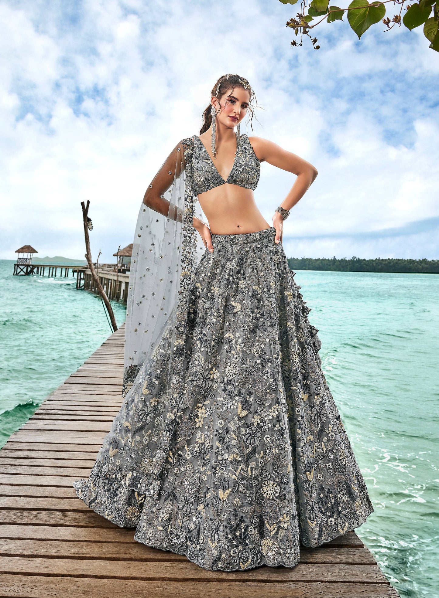 House of Panchhi Grey Organza Sequins, Moti And Thread Embroidery Lehenga Choli & Dupatta | Swadesiicart