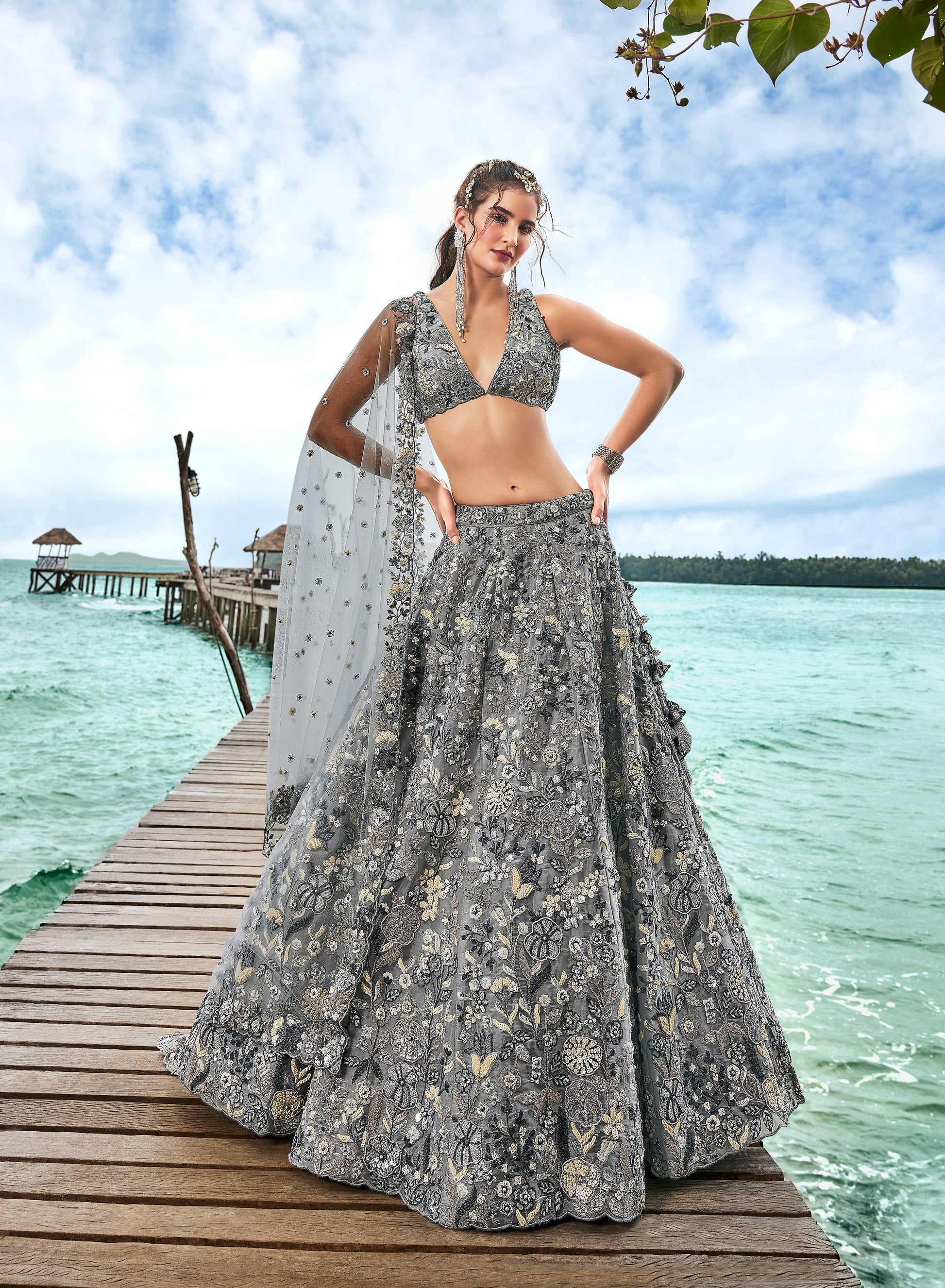 House of Panchhi Grey Organza Sequins, Moti And Thread Embroidery Lehenga Choli & Dupatta | Swadesiicart