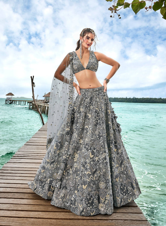 House of Panchhi Grey Organza Sequins, Moti And Thread Embroidery Lehenga Choli & Dupatta | Swadesiicart