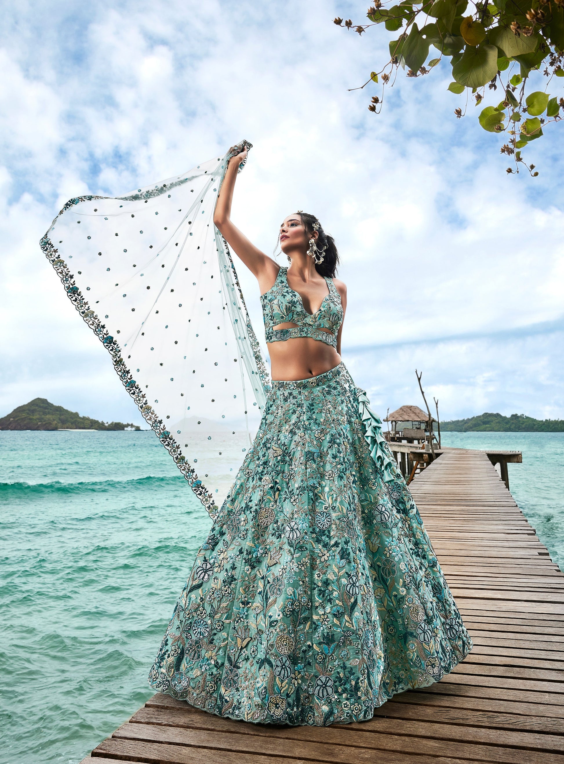 House of Panchhi Turquoise Blue Organza Sequins, Moti And Thread Embroidery Lehenga Choli & Dupatta | Swadesiicart