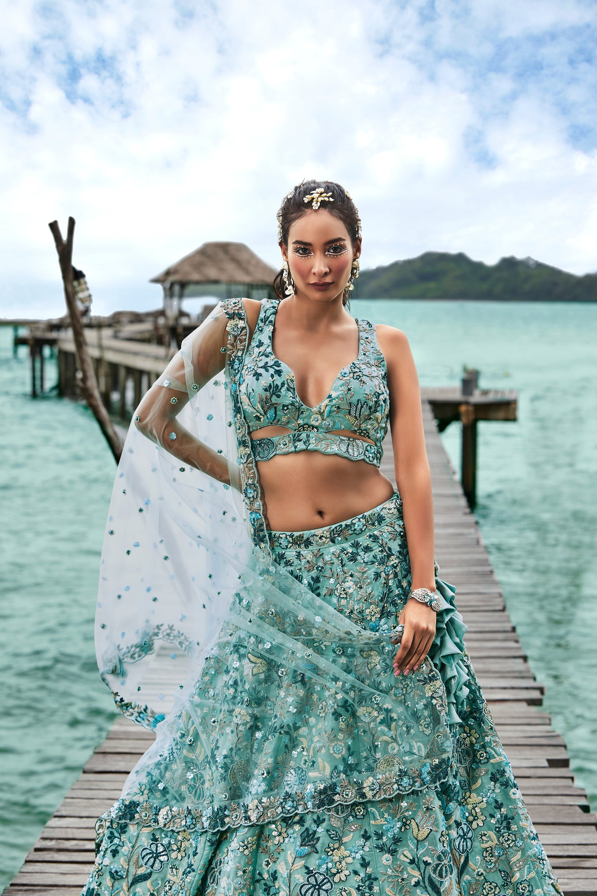 House of Panchhi Turquoise Blue Organza Sequins, Moti And Thread Embroidery Lehenga Choli & Dupatta | Swadesiicart