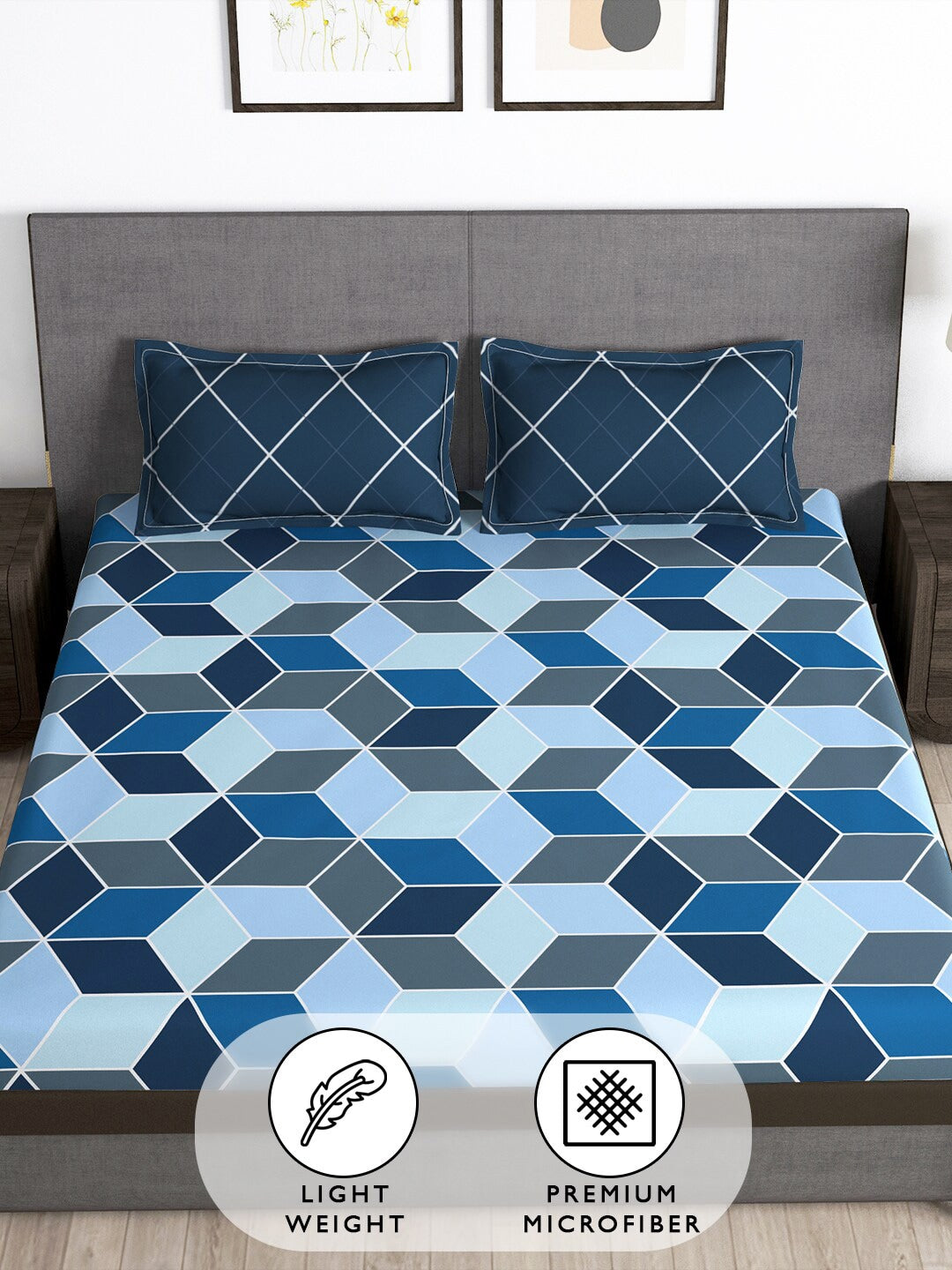 Story@home Arena Blue & Grey Geometric Printed 180 TC Queen Bedsheet & 2 Pillow Covers - Swadesiicart