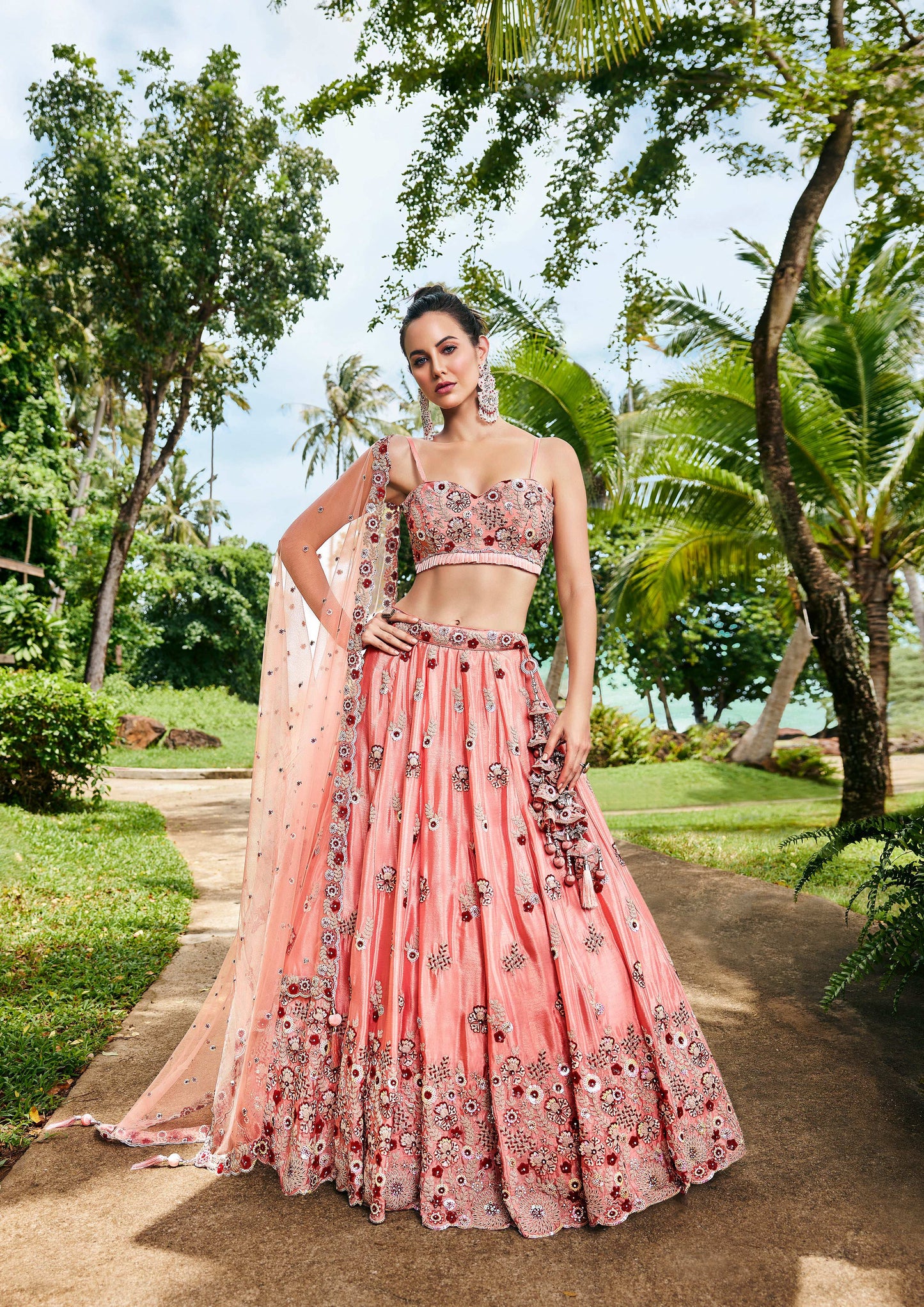 House of Panchhi Peach Pure Georgette Sequins, Zarkan And Thread Embroidery Lehenga Choli & Dupatta | Swadesiicart