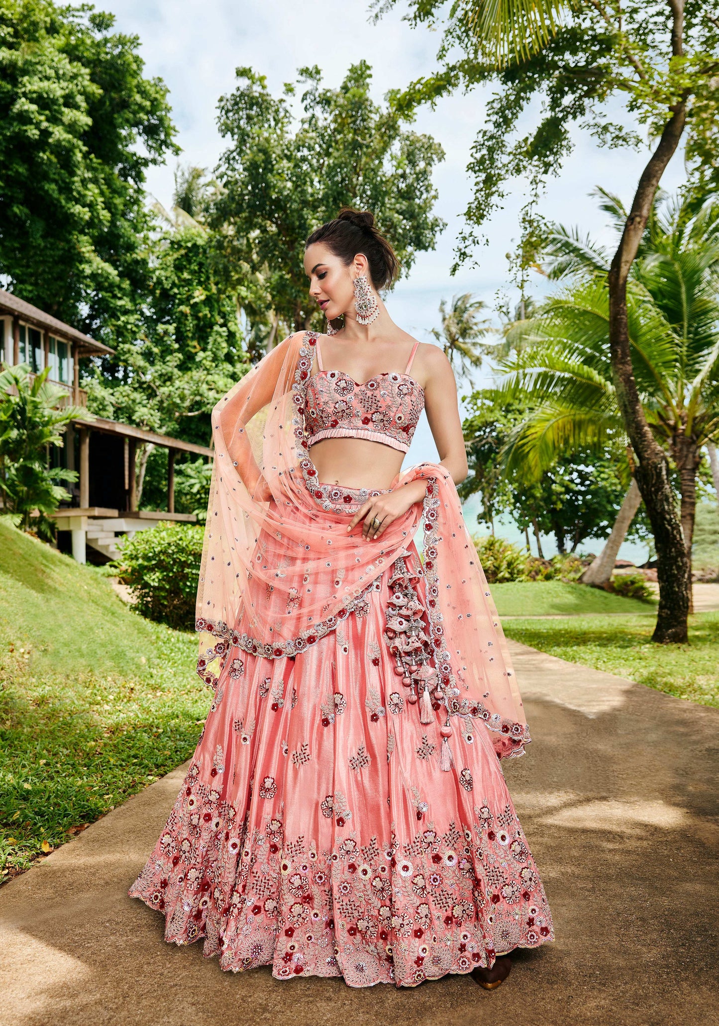 House of Panchhi Peach Pure Georgette Sequins, Zarkan And Thread Embroidery Lehenga Choli & Dupatta | Swadesiicart