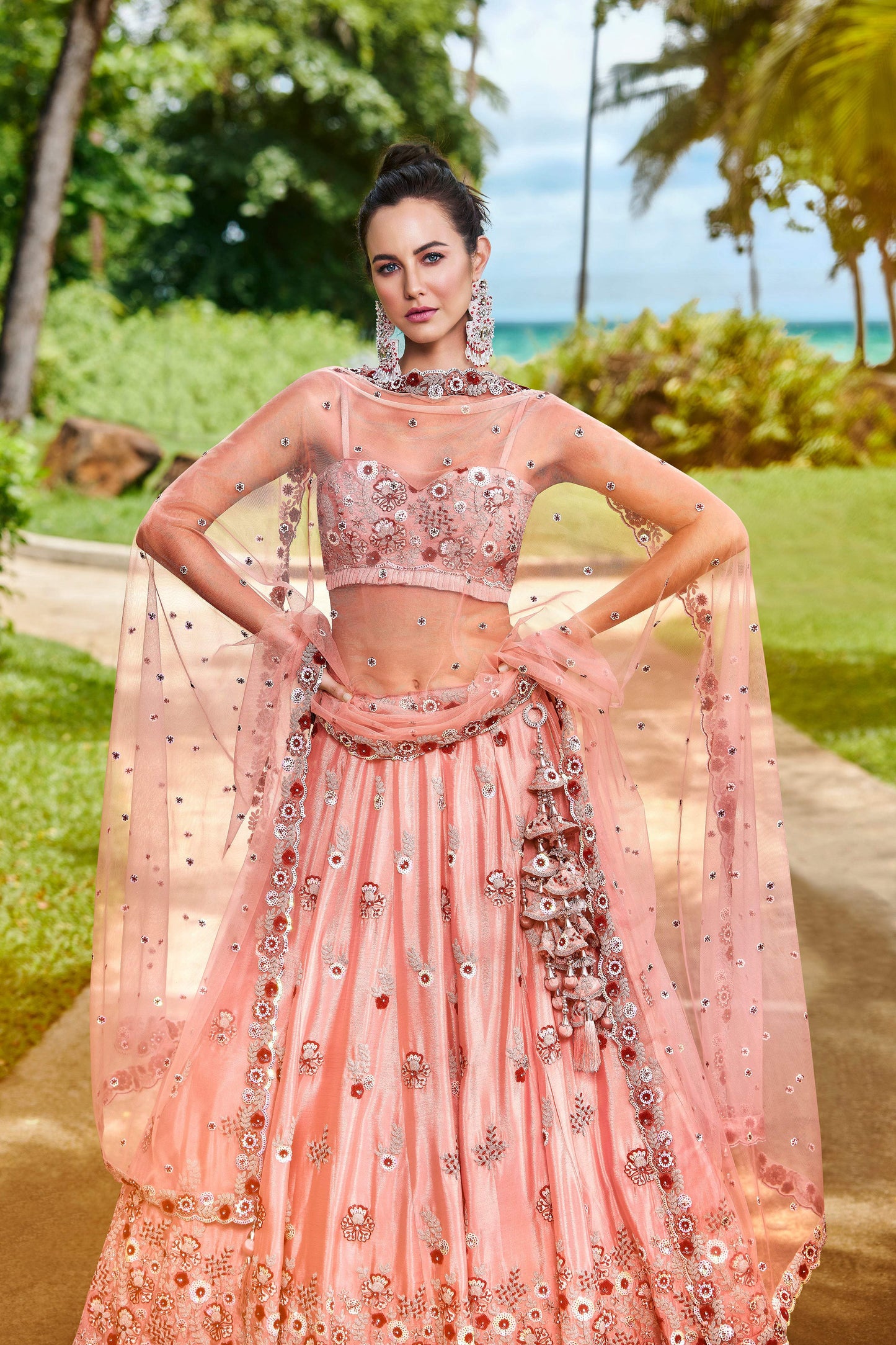 House of Panchhi Peach Pure Georgette Sequins, Zarkan And Thread Embroidery Lehenga Choli & Dupatta | Swadesiicart