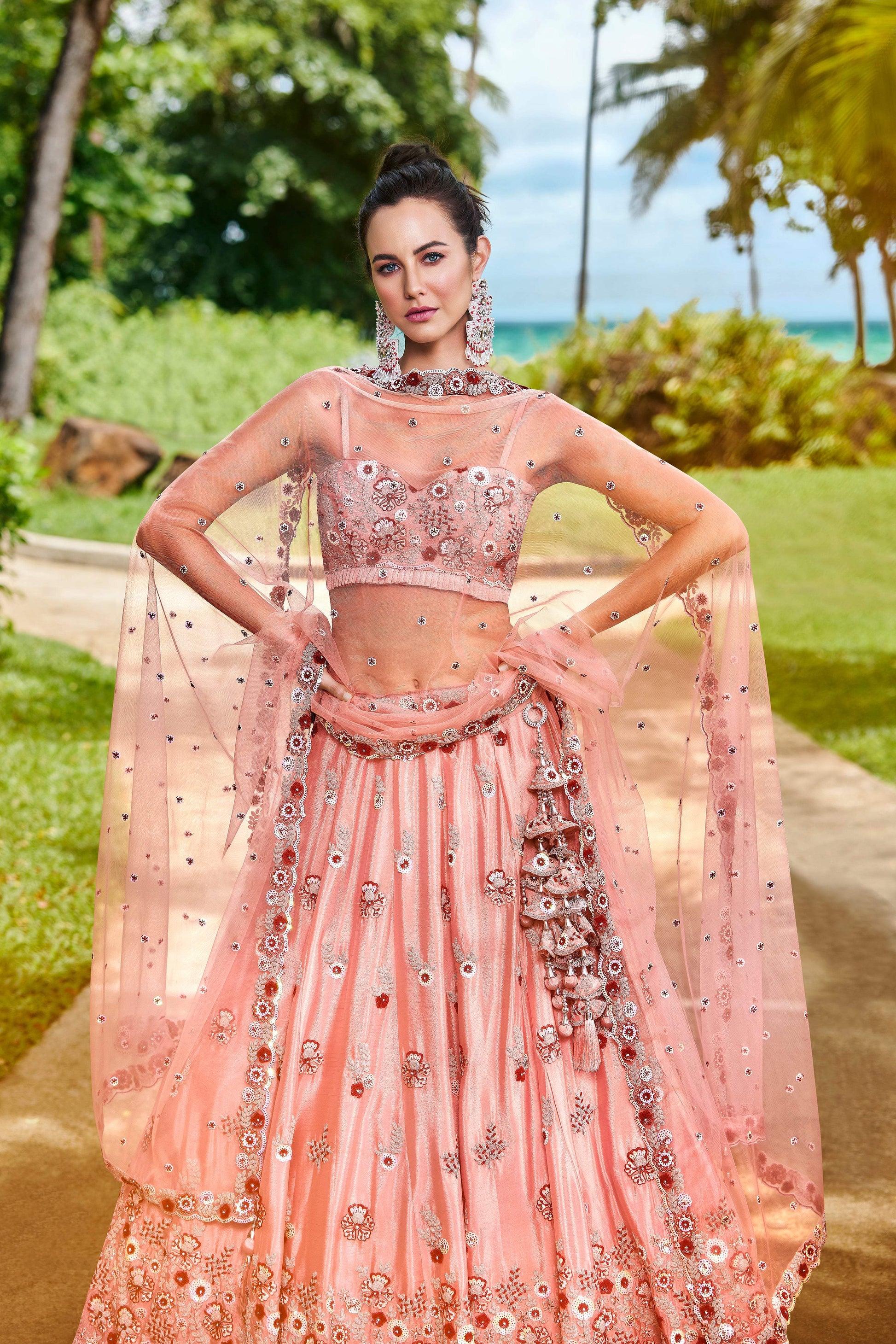 House of Panchhi Peach Pure Georgette Sequins, Zarkan And Thread Embroidery Lehenga Choli & Dupatta | Swadesiicart