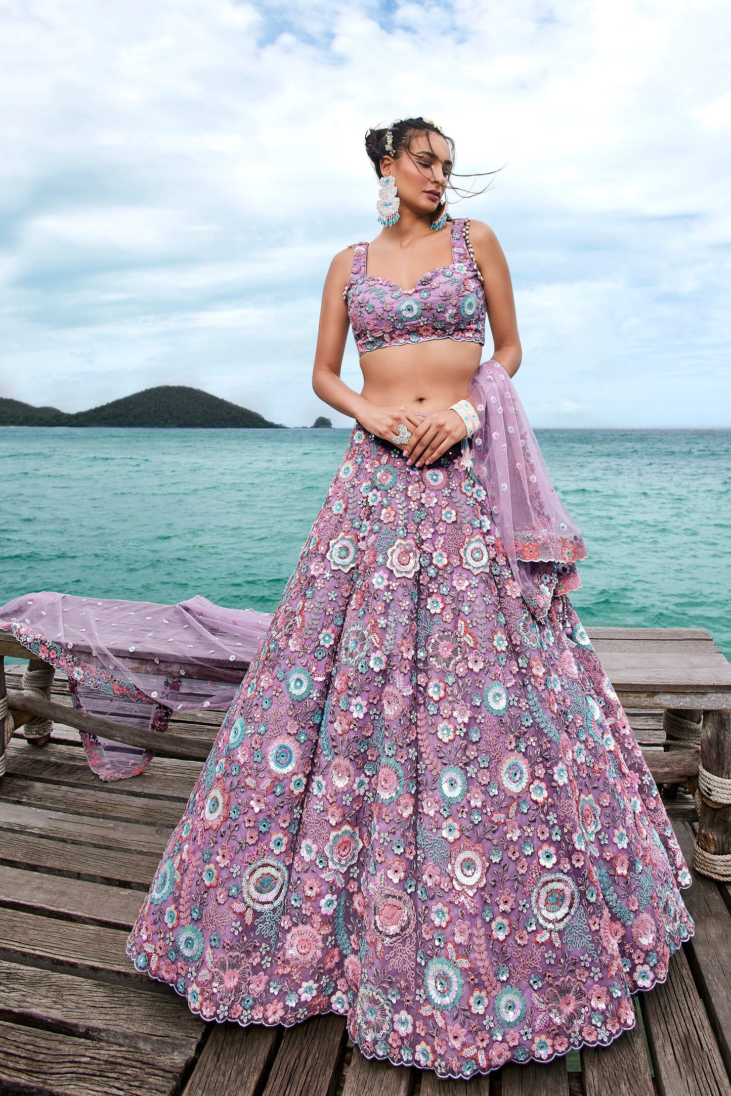 House of Panchhi Mauve Net Sequins, Mirror And Thread Embroidery Lehenga Choli & Dupatta | Swadesiicart