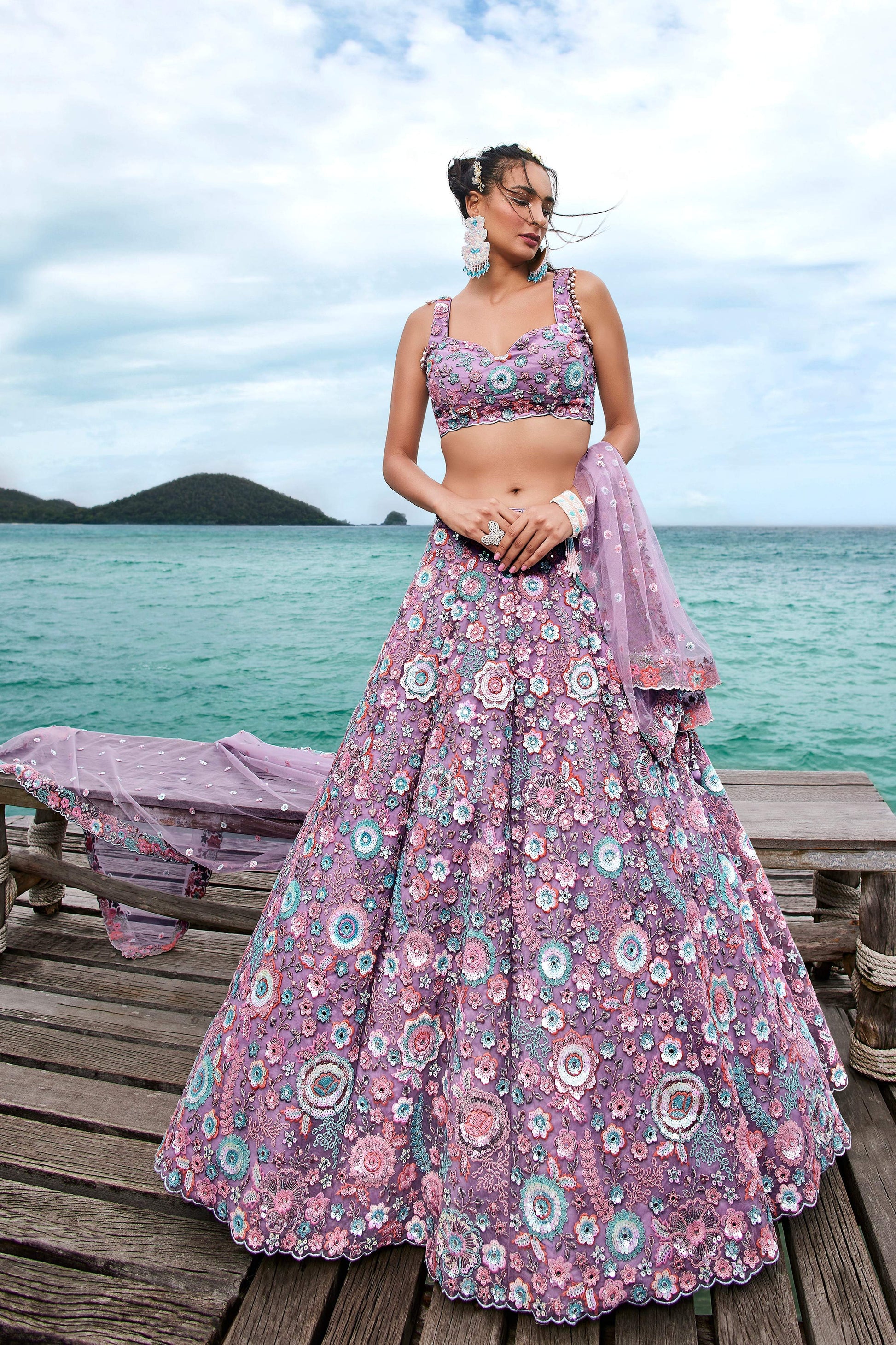 House of Panchhi Mauve Net Sequins, Mirror And Thread Embroidery Lehenga Choli & Dupatta | Swadesiicart
