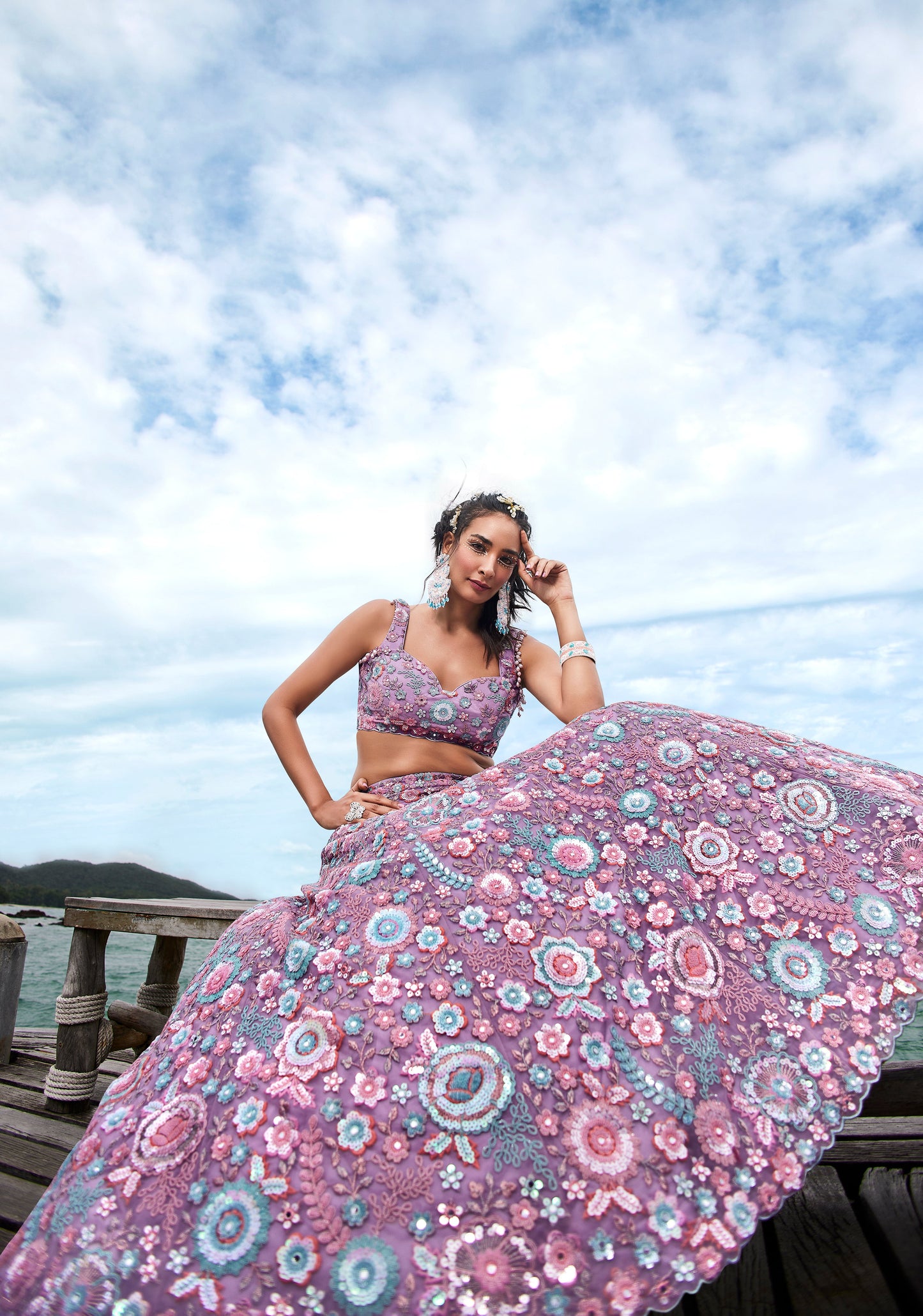 House of Panchhi Mauve Net Sequins, Mirror And Thread Embroidery Lehenga Choli & Dupatta | Swadesiicart