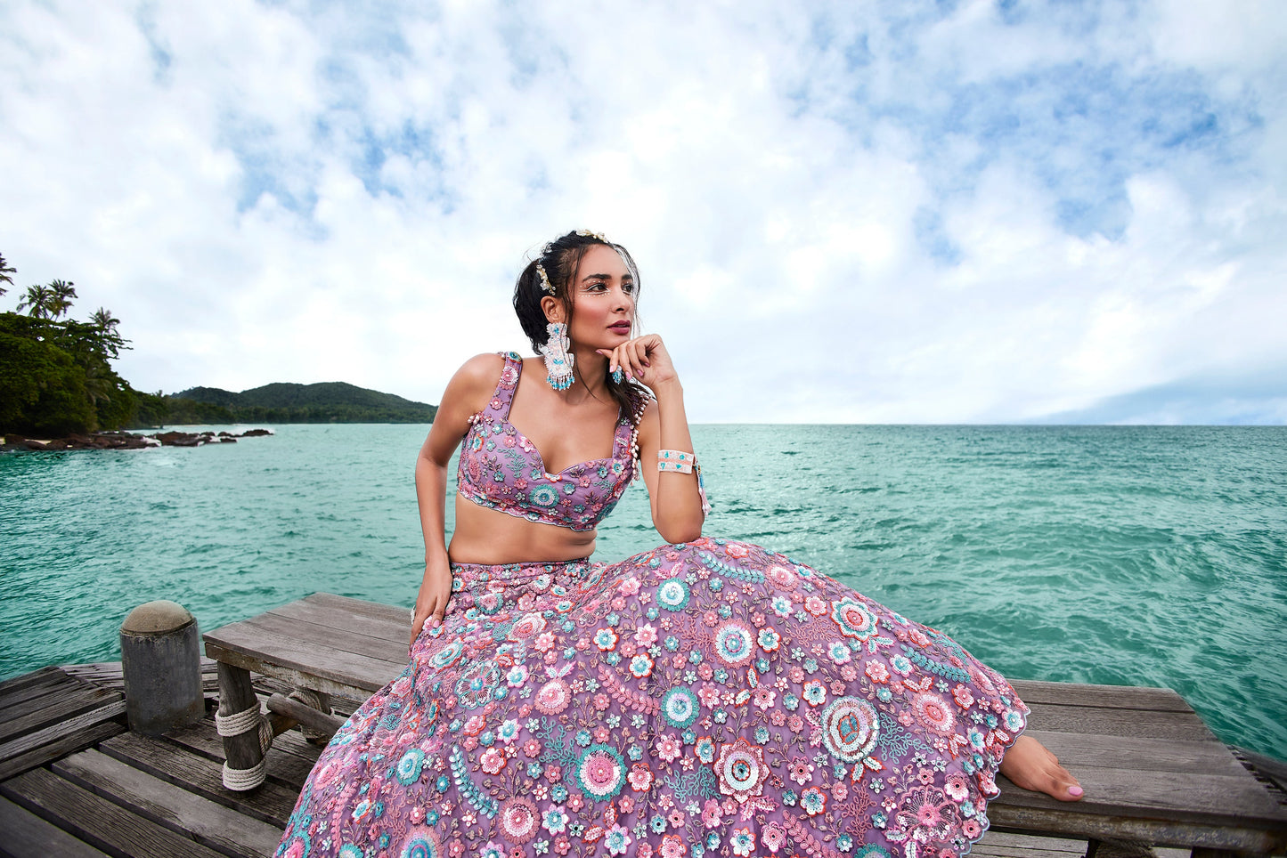 House of Panchhi Mauve Net Sequins, Mirror And Thread Embroidery Lehenga Choli & Dupatta | Swadesiicart