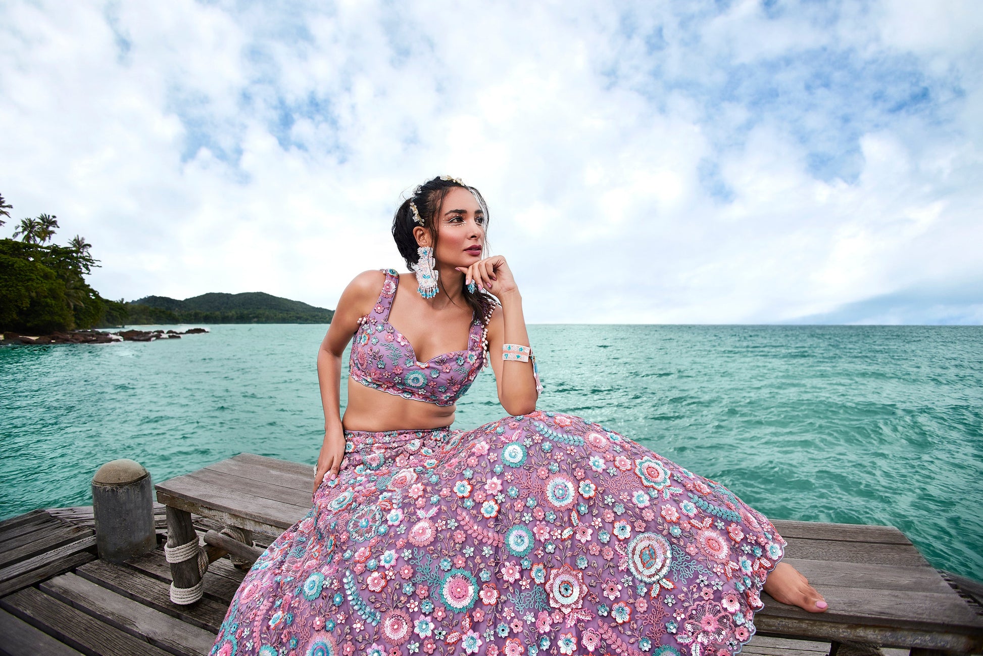 House of Panchhi Mauve Net Sequins, Mirror And Thread Embroidery Lehenga Choli & Dupatta | Swadesiicart