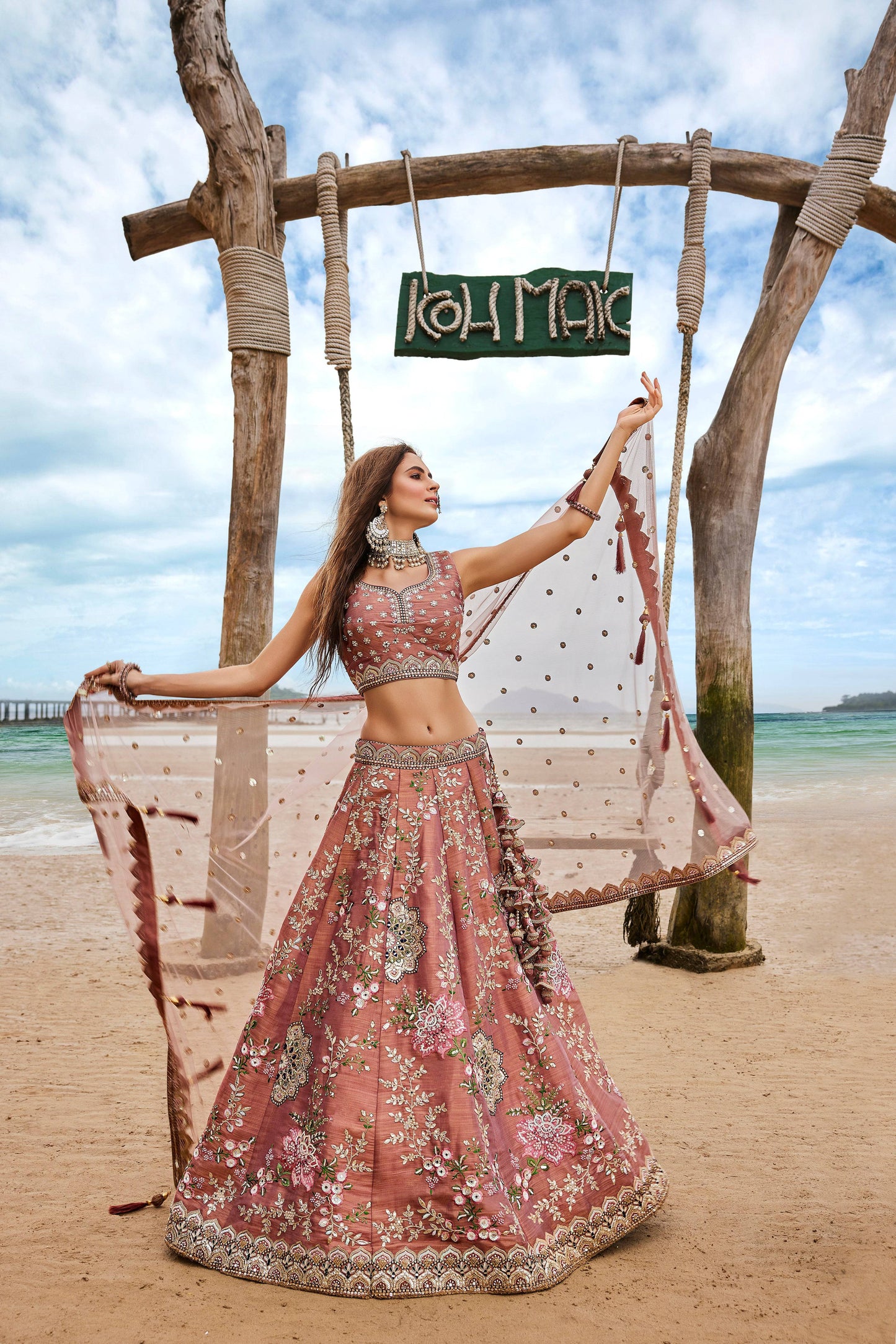 House of Panchhi Rose Gold Net Sequins, Moti, Mirror And Thread Embroidery Lehenga Choli & Dupatta | Swadesiicart