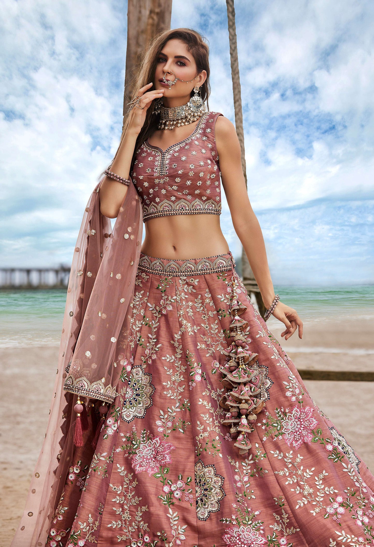 House of Panchhi Rose Gold Net Sequins, Moti, Mirror And Thread Embroidery Lehenga Choli & Dupatta | Swadesiicart
