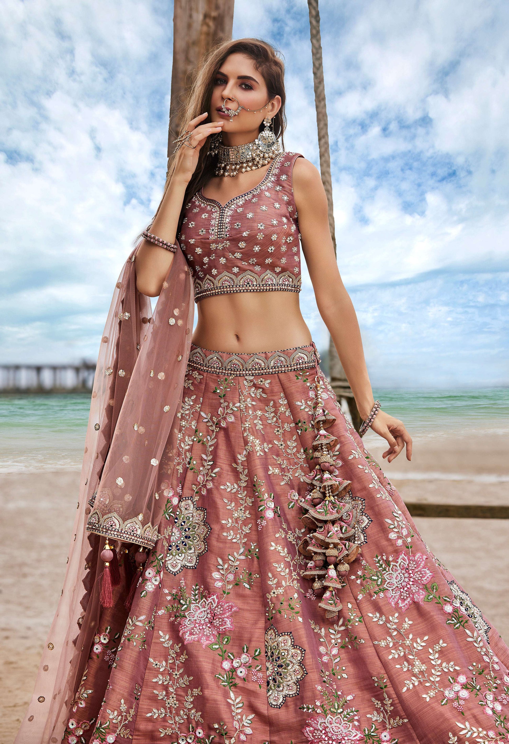 House of Panchhi Rose Gold Net Sequins, Moti, Mirror And Thread Embroidery Lehenga Choli & Dupatta | Swadesiicart