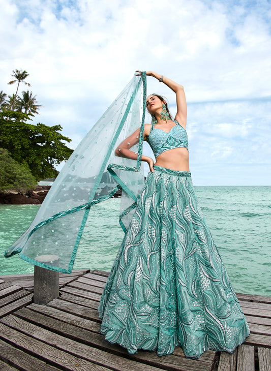 House of Panchhi Turquoise Blue Net Sequins, Zarkan And Thread Embroidery Lehenga Choli & Dupatta | Swadesiicart