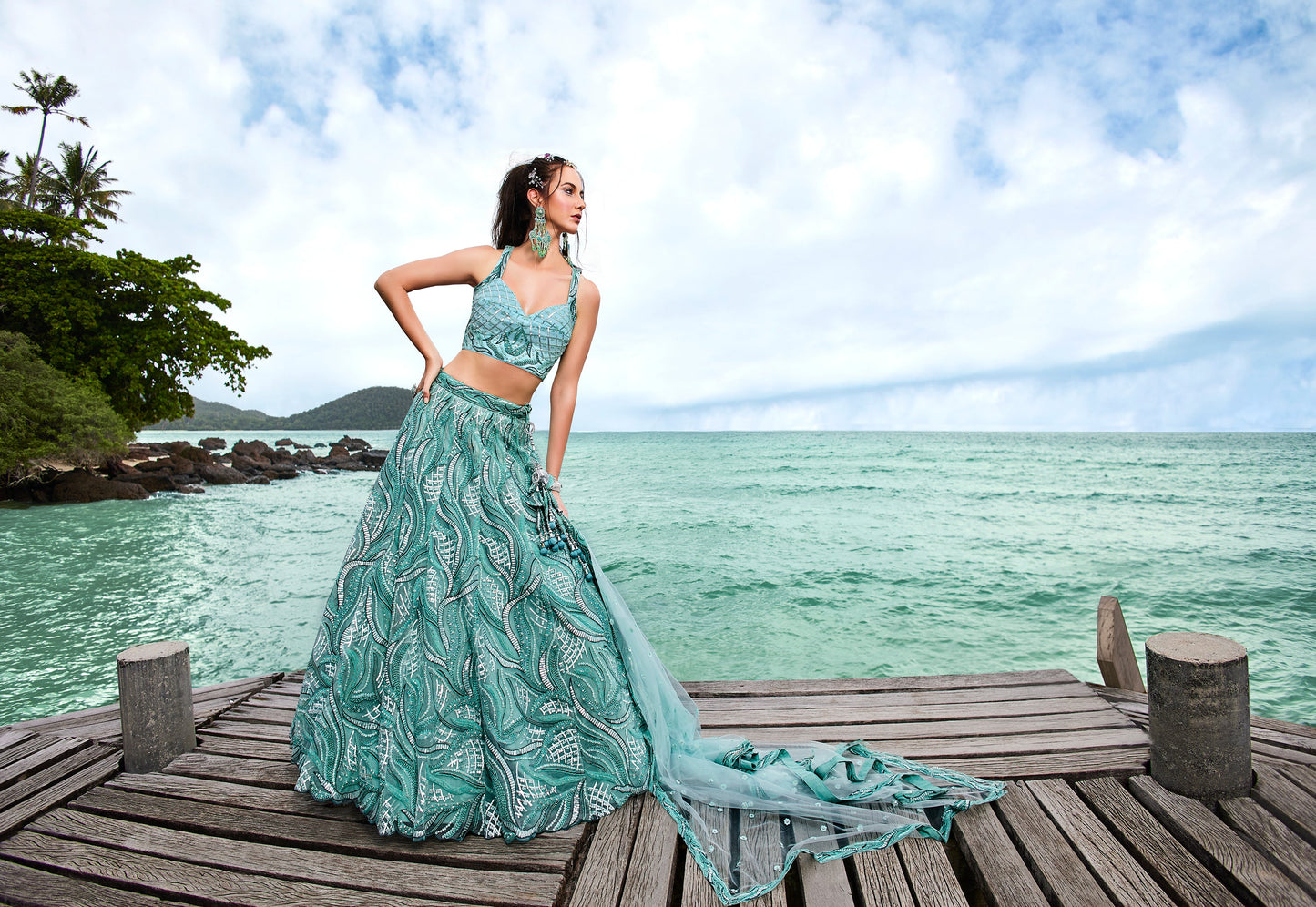 House of Panchhi Turquoise Blue Net Sequins, Zarkan And Thread Embroidery Lehenga Choli & Dupatta | Swadesiicart