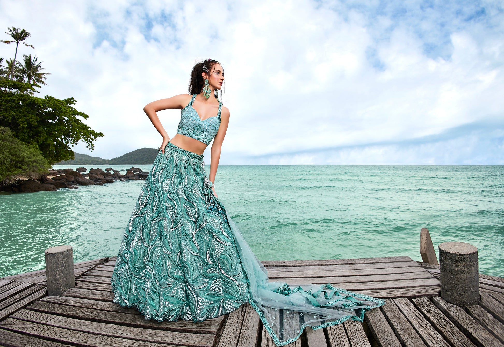 House of Panchhi Turquoise Blue Net Sequins, Zarkan And Thread Embroidery Lehenga Choli & Dupatta | Swadesiicart