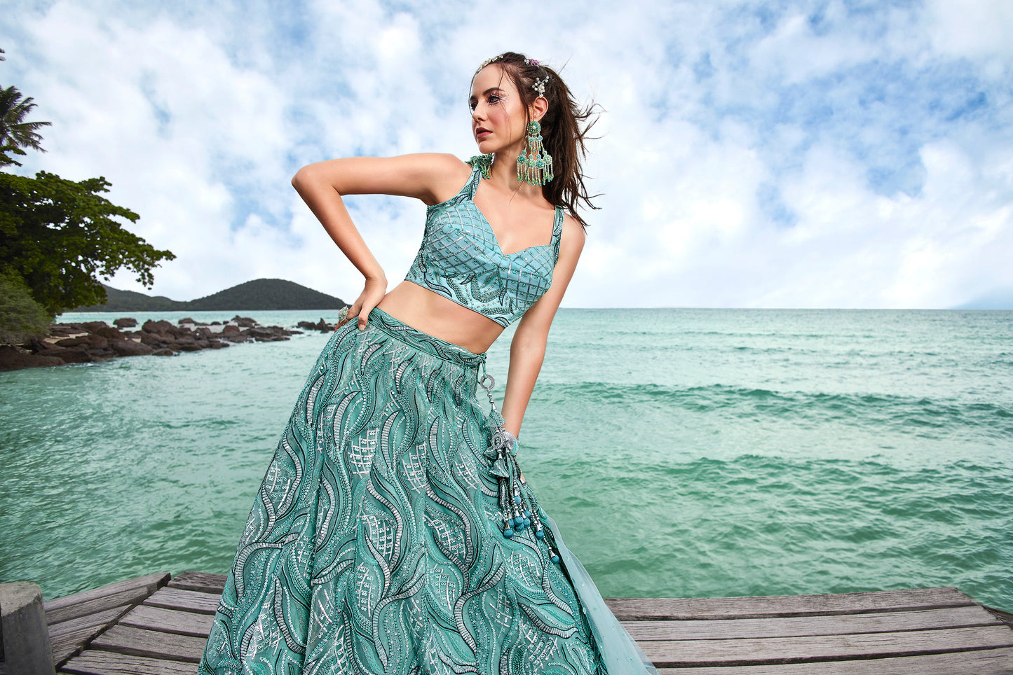 House of Panchhi Turquoise Blue Net Sequins, Zarkan And Thread Embroidery Lehenga Choli & Dupatta | Swadesiicart