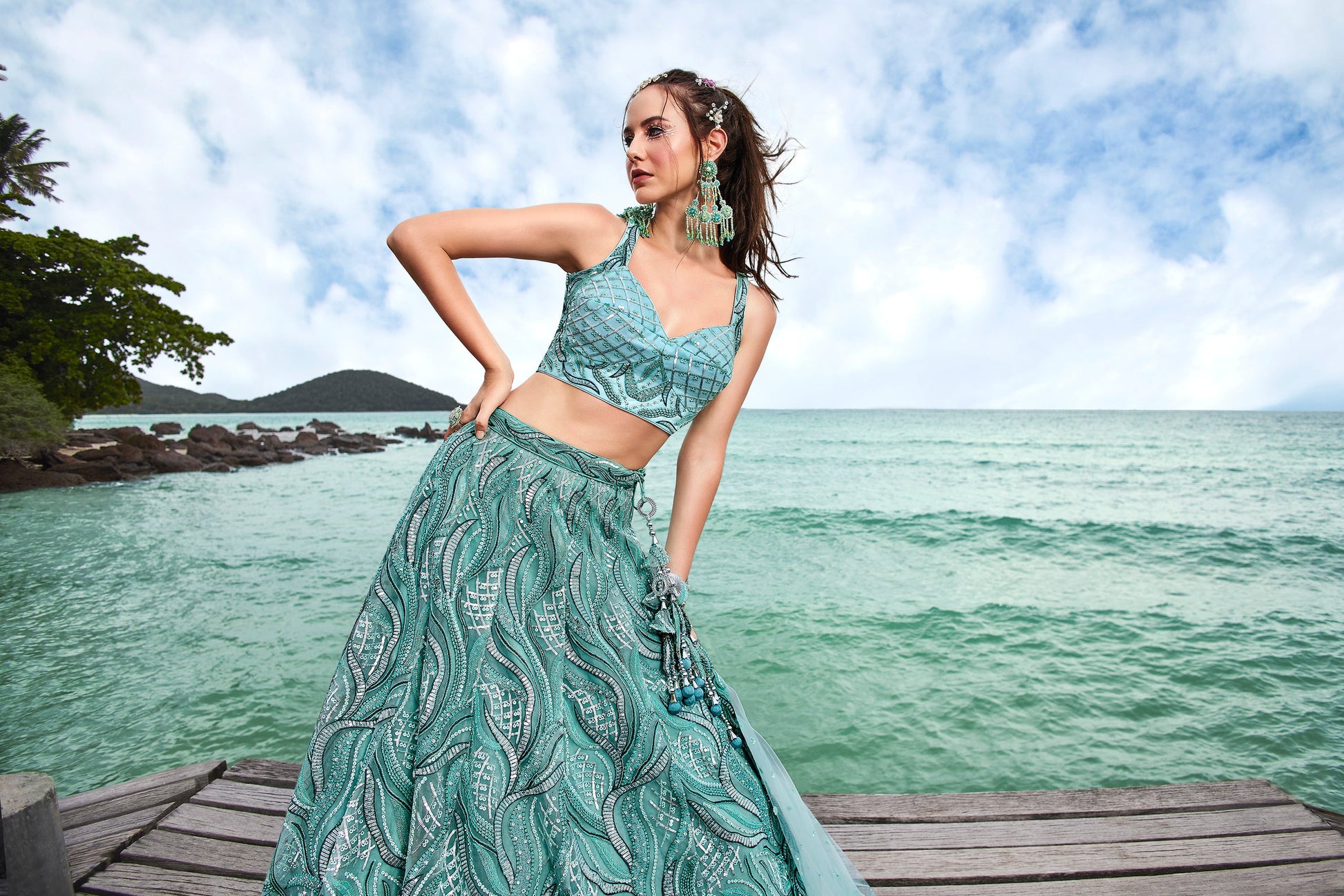House of Panchhi Turquoise Blue Net Sequins, Zarkan And Thread Embroidery Lehenga Choli & Dupatta | Swadesiicart