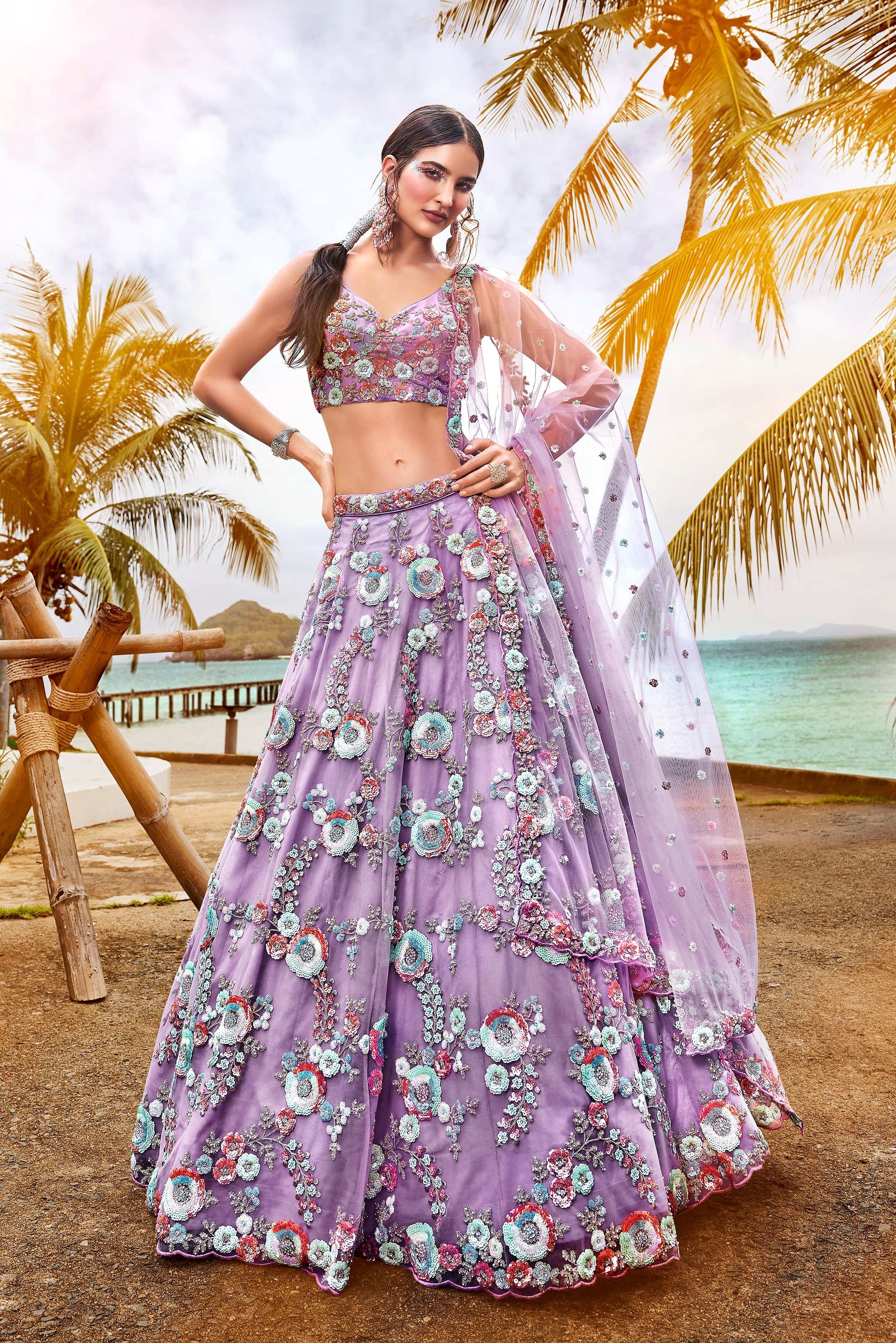 House of Panchhi Mauve Net Sequins & Zarkan Embroidery Lehenga Choli & Dupatta | Swadesiicart