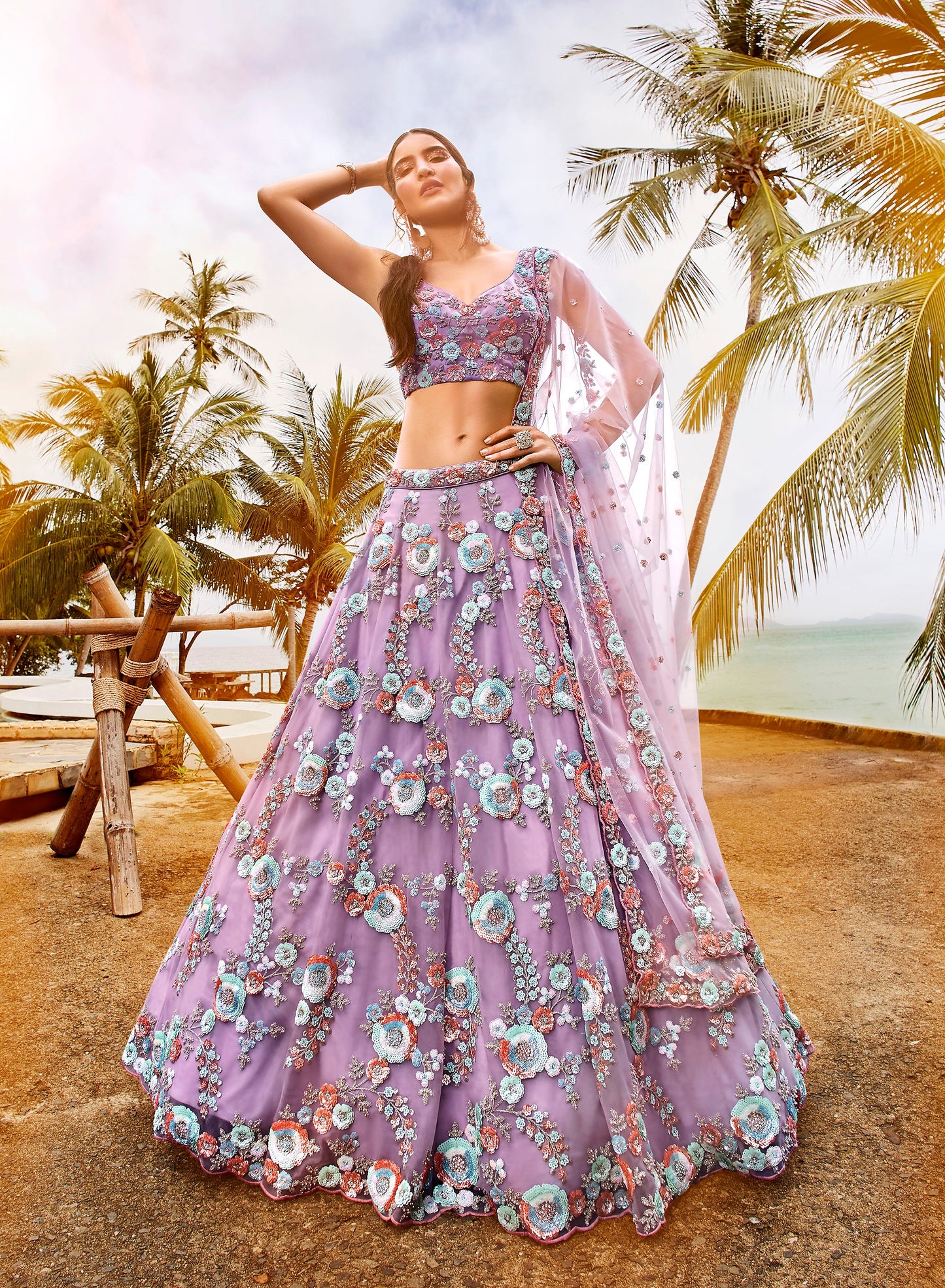 House of Panchhi Mauve Net Sequins & Zarkan Embroidery Lehenga Choli & Dupatta | Swadesiicart
