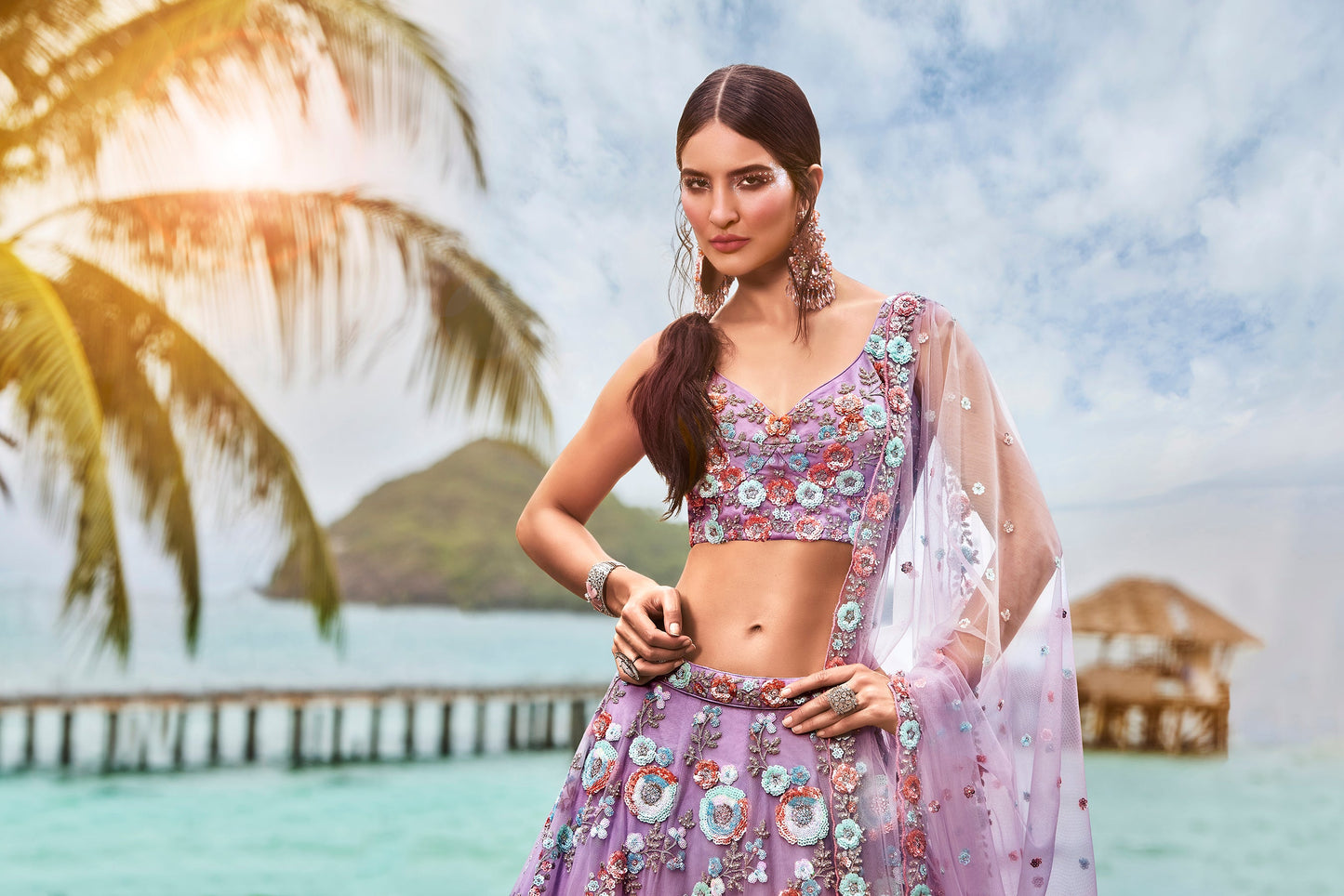 House of Panchhi Mauve Net Sequins & Zarkan Embroidery Lehenga Choli & Dupatta | Swadesiicart