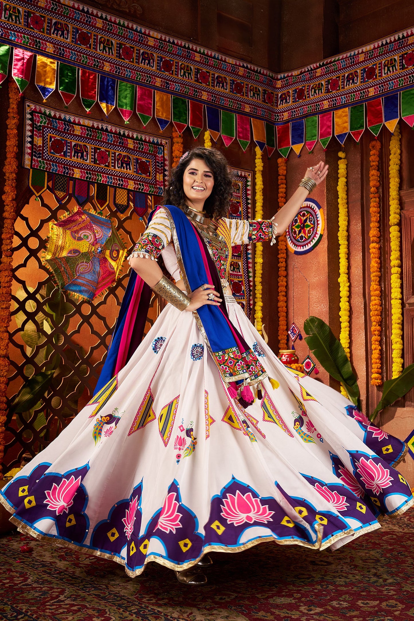 Monjolika Fashion Gajji Silk White Navratri Chaniya Choli In Multi Thread And Mirror Hand Work - Swadesiicart