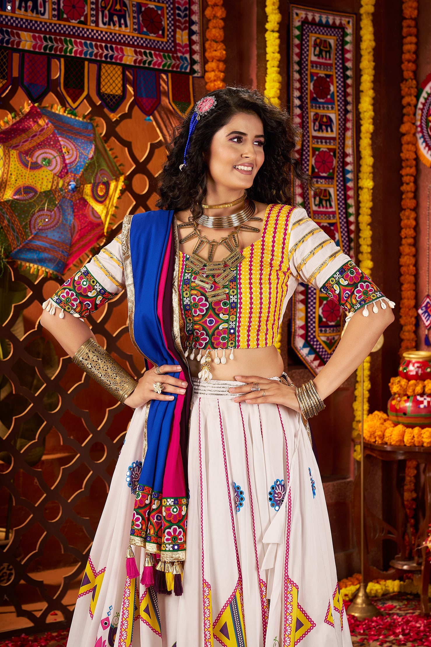 Monjolika Fashion Gajji Silk White Navratri Chaniya Choli In Multi Thread And Mirror Hand Work - Swadesiicart