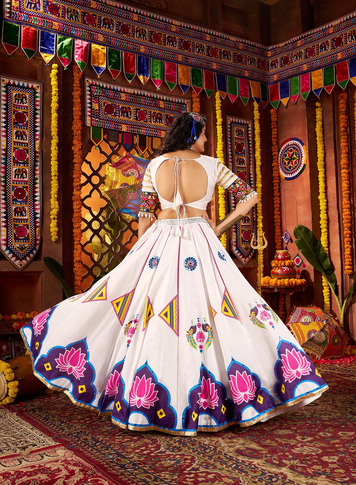 Monjolika Fashion Gajji Silk White Navratri Chaniya Choli In Multi Thread And Mirror Hand Work - Swadesiicart