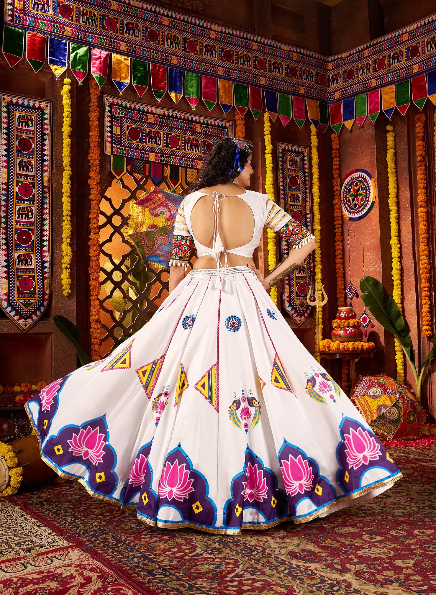 Monjolika Fashion Gajji Silk White Navratri Chaniya Choli In Multi Thread And Mirror Hand Work - Swadesiicart
