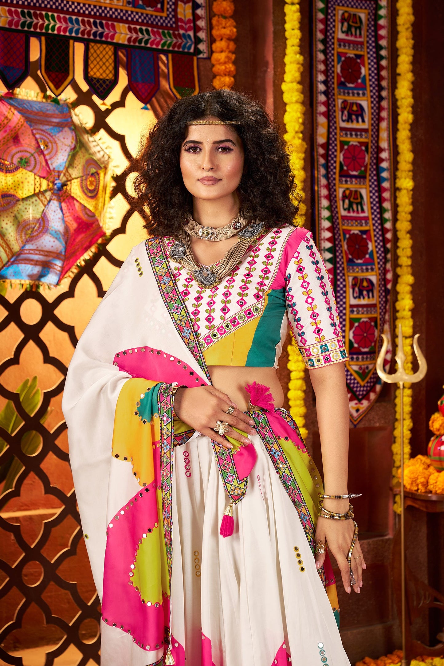 Monjolika Fashion White Gajji Silk Navratri Lehenga Choli With Digital Print & Mirror Work - Swadesiicart