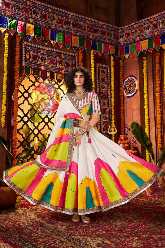 Monjolika Fashion White Gajji Silk Navratri Lehenga Choli With Digital Print & Mirror Work - Swadesiicart