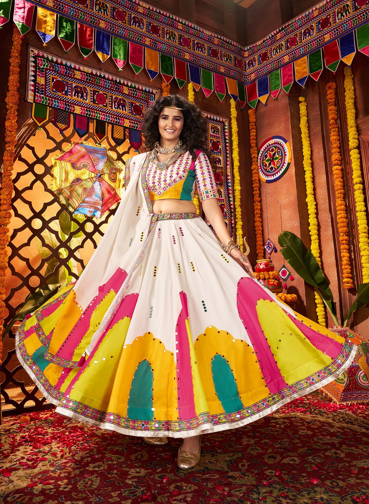 Monjolika Fashion White Gajji Silk Navratri Lehenga Choli With Digital Print & Mirror Work - Swadesiicart