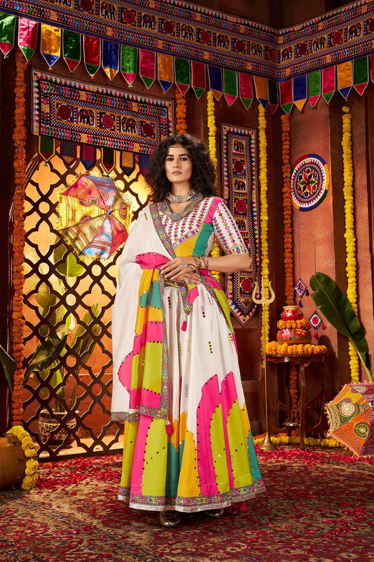 Monjolika Fashion White Gajji Silk Navratri Lehenga Choli With Digital Print & Mirror Work - Swadesiicart