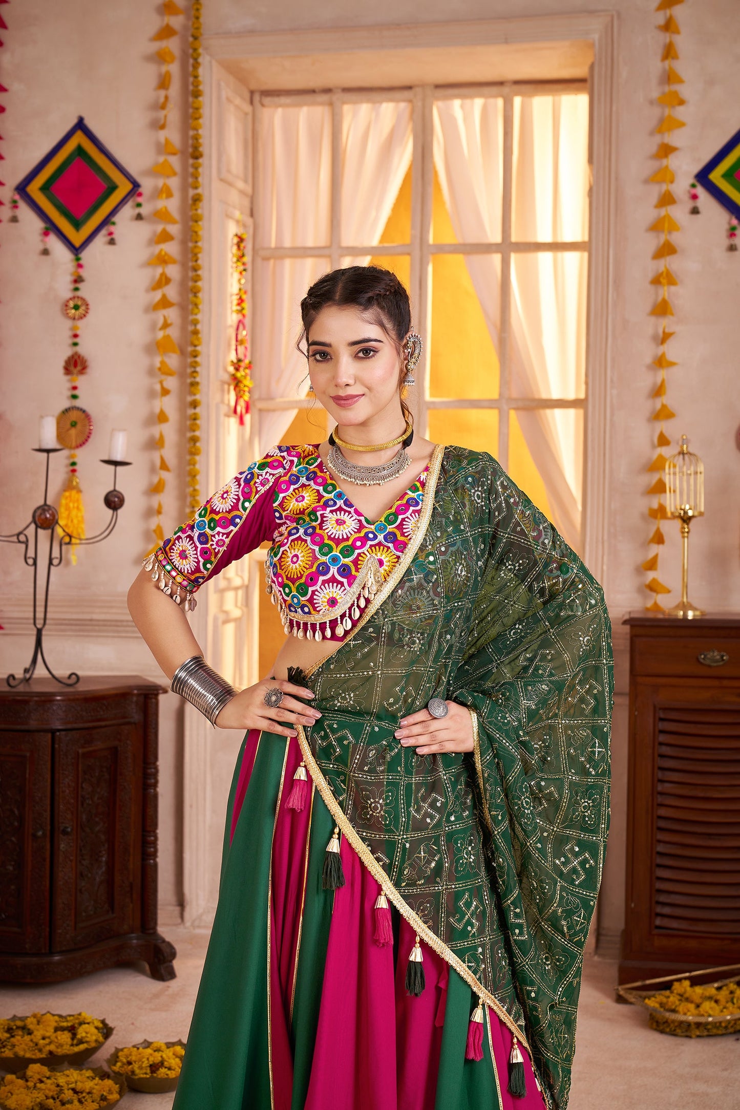 Monjolika Fashion Colorful Viscose Cotton Navratri Lehenga With Kutchi Mirror Work Choli - Swadesiicart