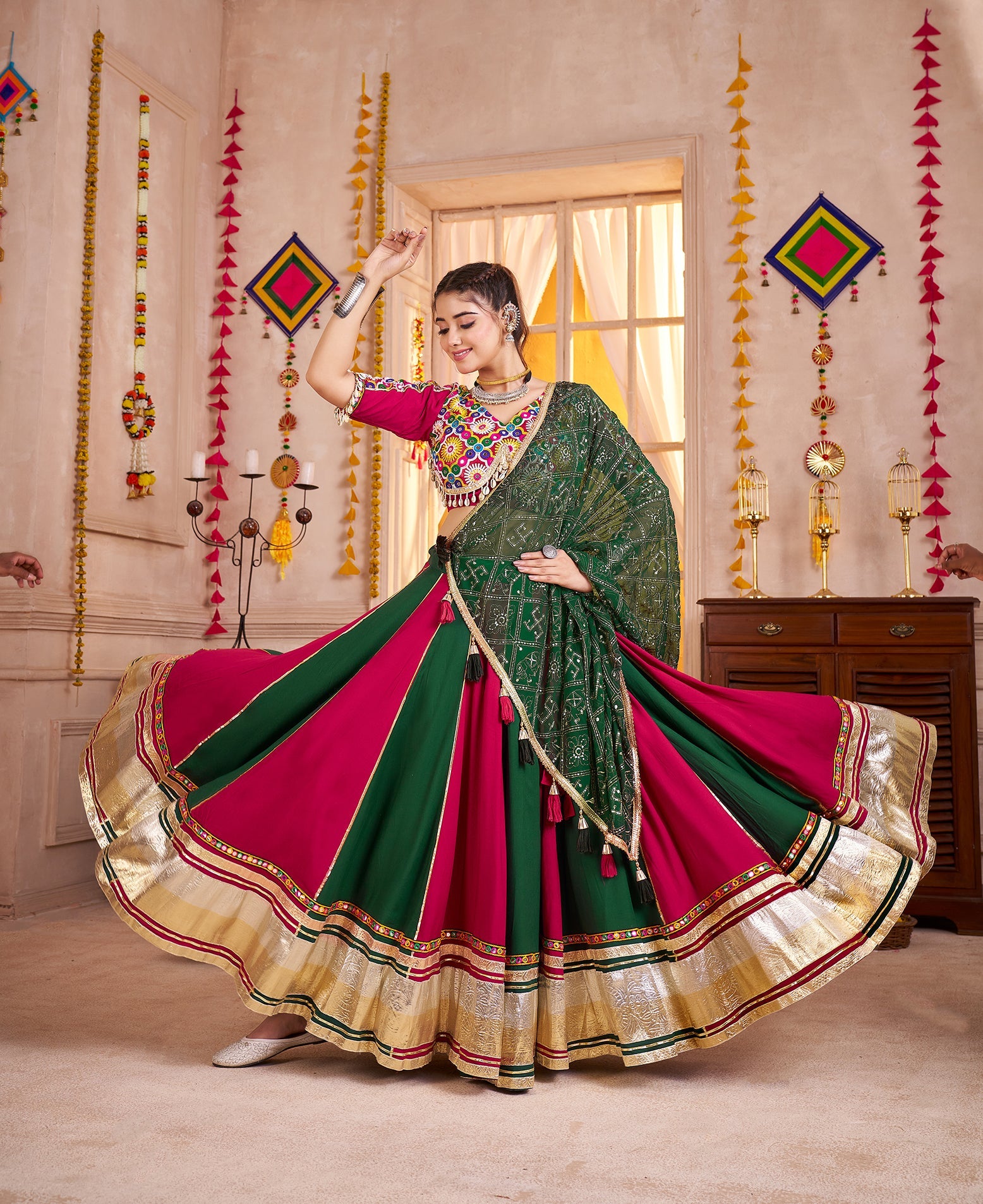 Monjolika Fashion Colorful Viscose Cotton Navratri Lehenga With Kutchi Mirror Work Choli - Swadesiicart