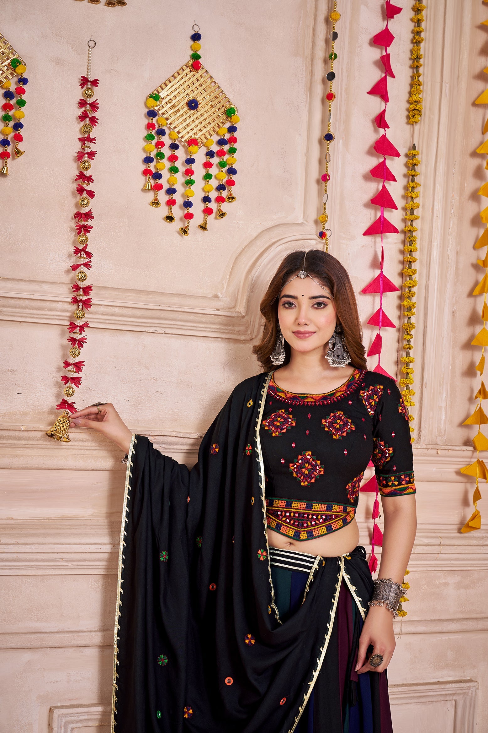 Monjolika Fashion Multi-Color Viscose Cotton Navratri Lehenga Choli With Hand Mirror Work - Swadesiicart