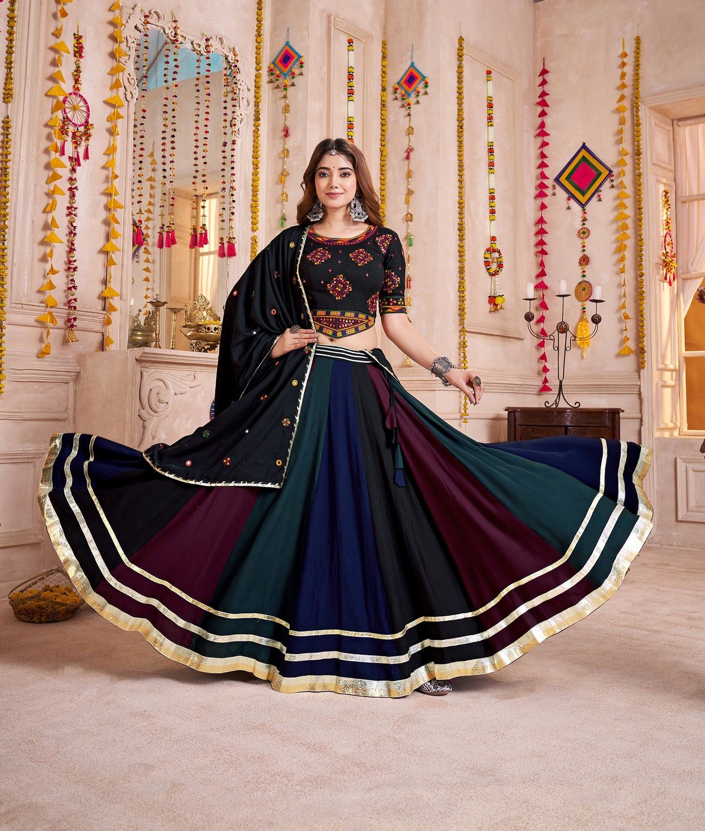 Monjolika Fashion Multi-Color Viscose Cotton Navratri Lehenga Choli With Hand Mirror Work - Swadesiicart