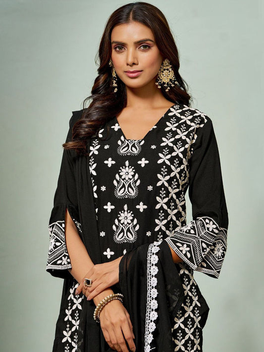 Sangria Chikankari Embroidered Straight Kurta & Trouser With Dupatta | Swadesiicart