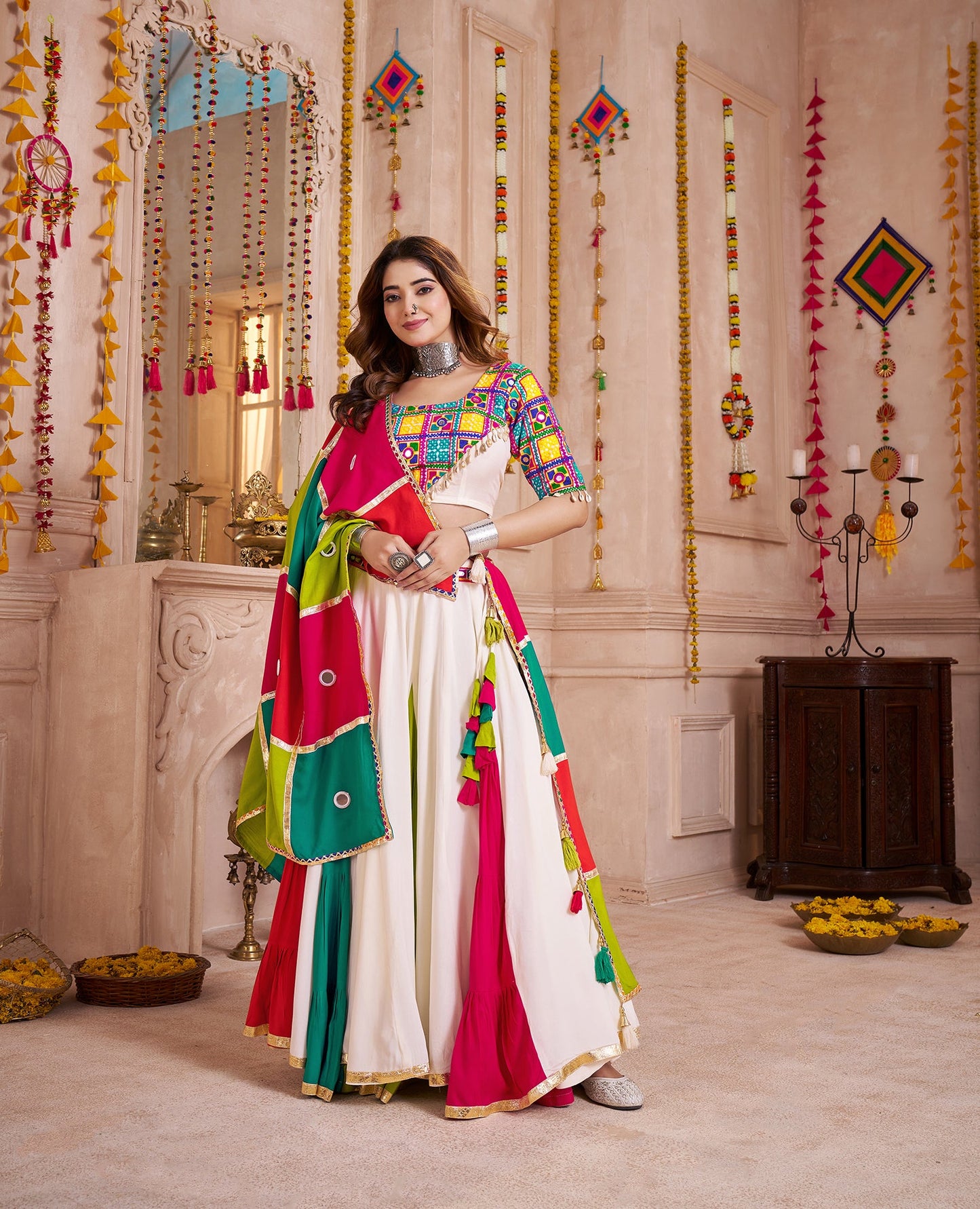 Monjolika Fashion Multi-Color Viscose Cotton Navratri Lehenga Choli Set With Mirror And Thread Work - Swadesiicart
